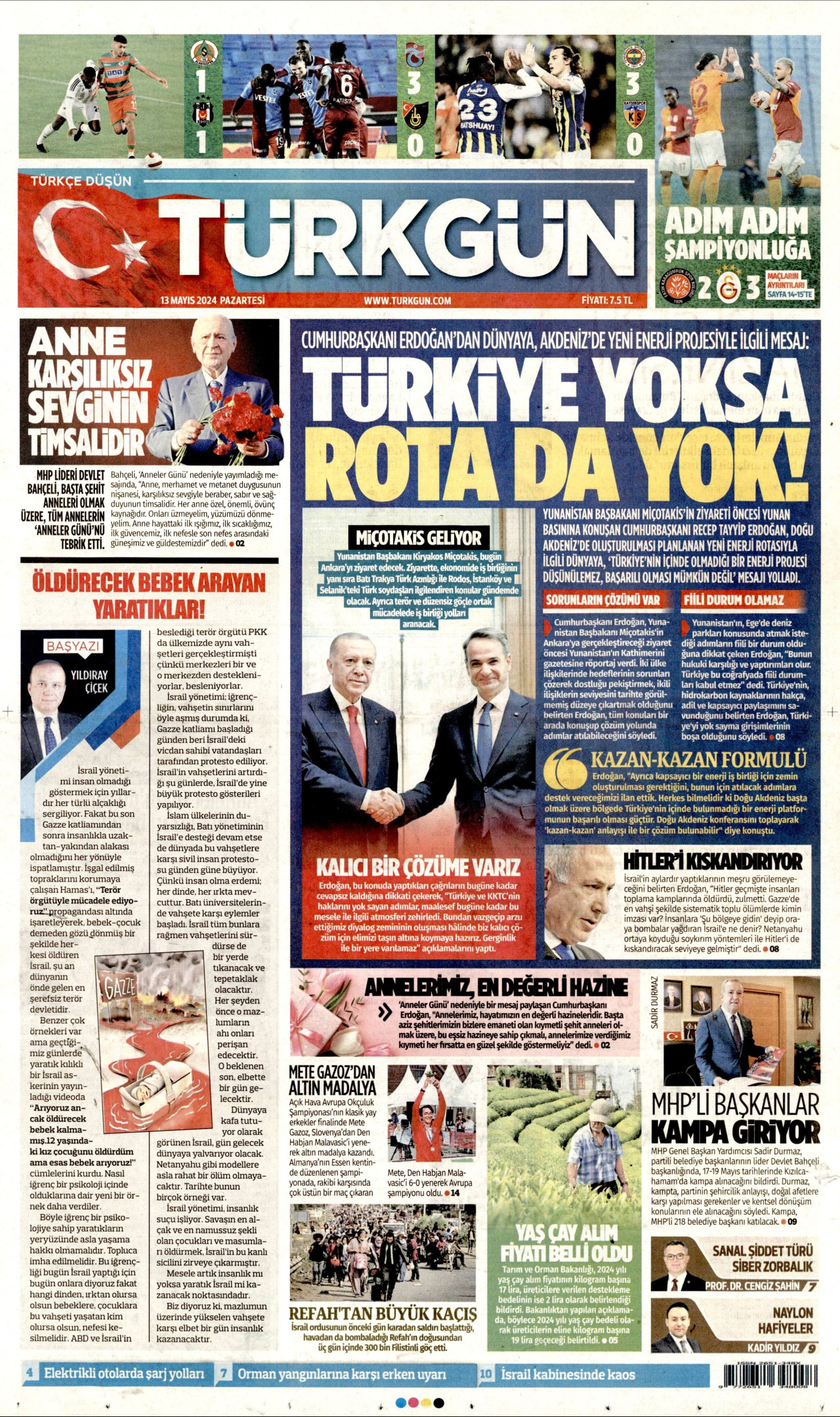TÜRKGÜN gazetesinin 13 Mayıs 2024 tarihli birinci sayfası