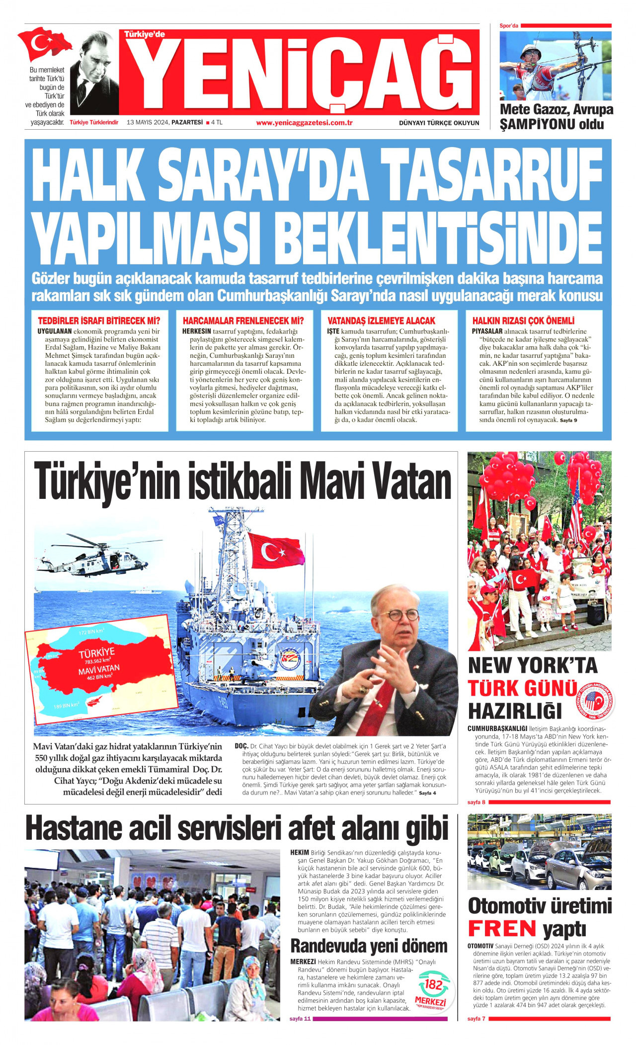 YENİÇAĞ gazetesinin 13 Mayıs 2024 tarihli birinci sayfası