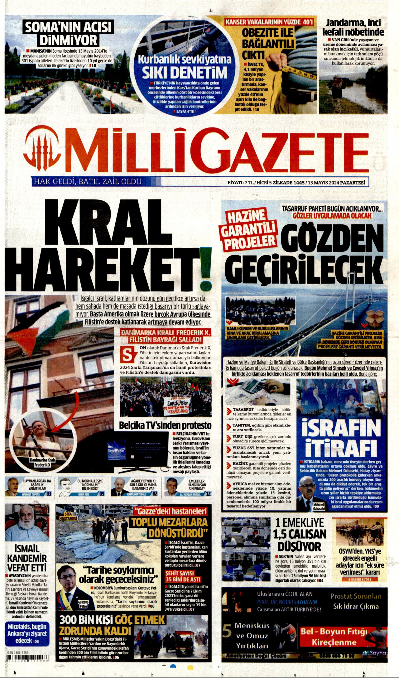 MİLLİ GAZETE gazetesinin 13 Mayıs 2024 tarihli birinci sayfası