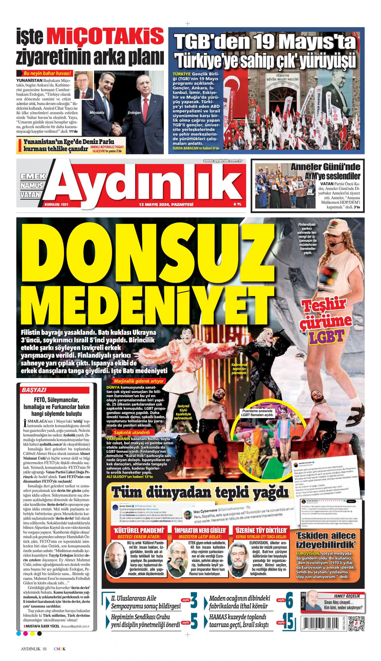 AYDINLIK GAZETESİ gazetesinin 13 Mayıs 2024 tarihli birinci sayfası
