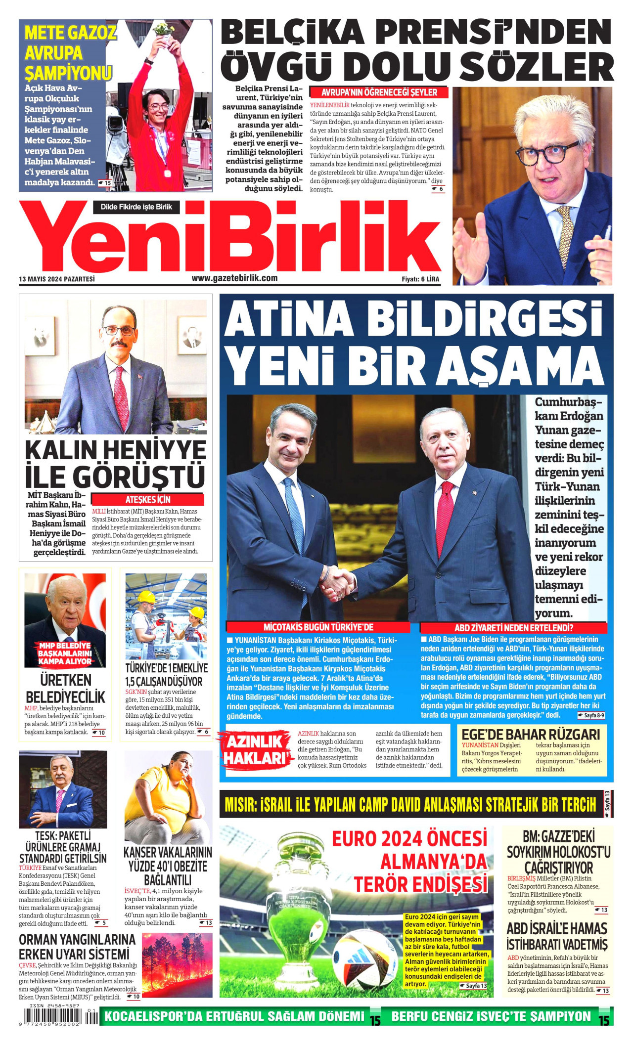 YENİBİRLİK gazetesinin 13 Mayıs 2024 tarihli birinci sayfası