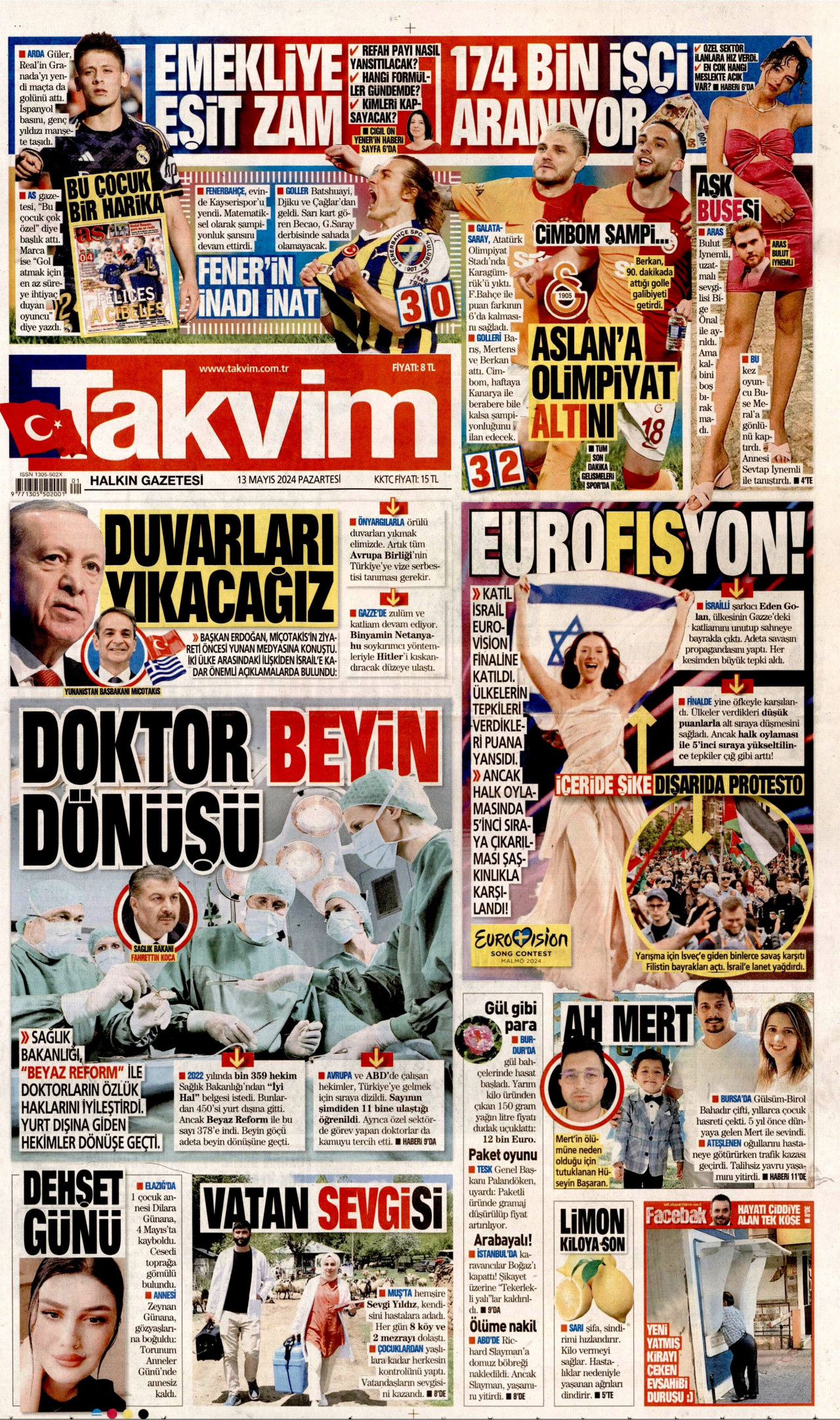 TAKVİM gazetesinin 13 Mayıs 2024 tarihli birinci sayfası