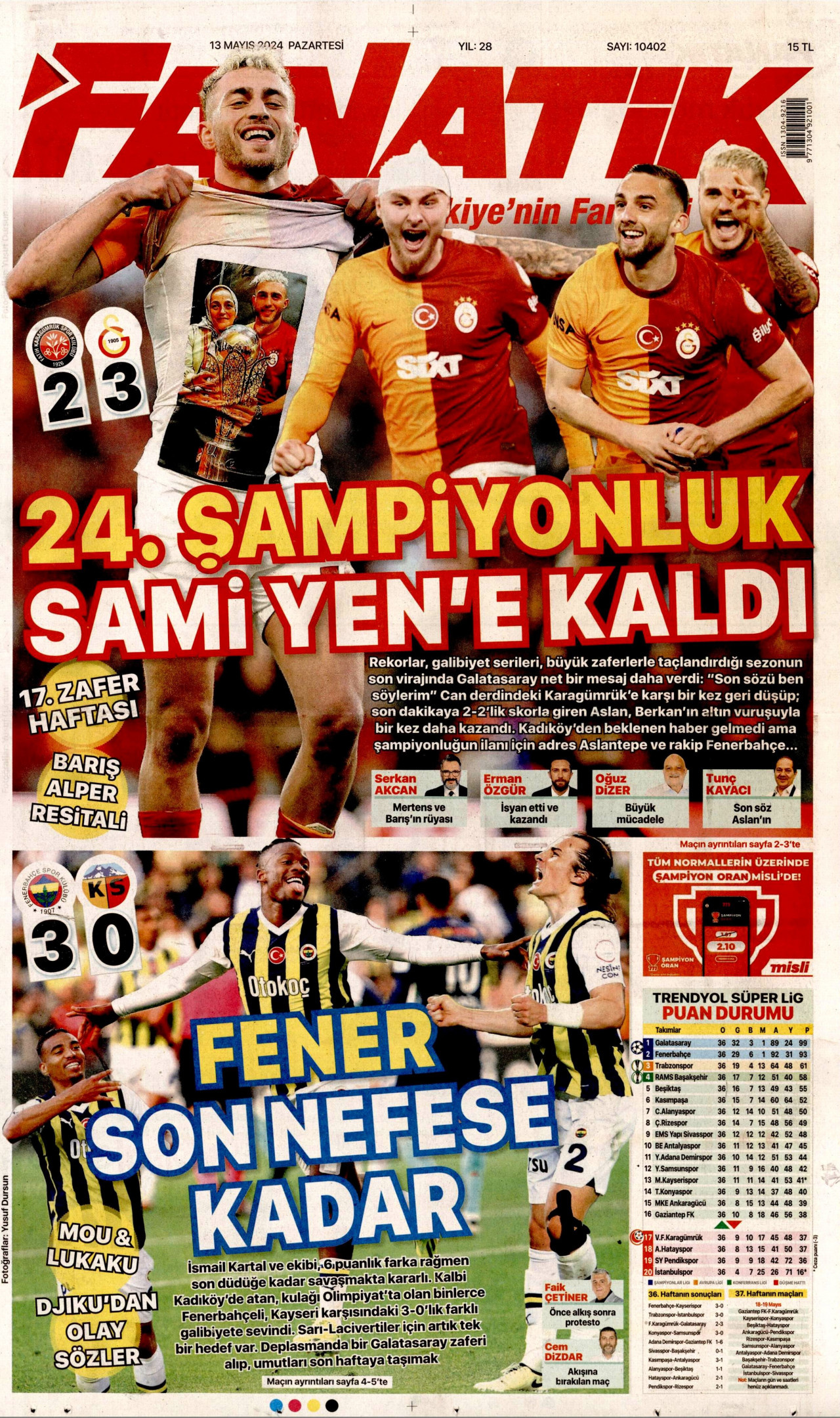 FANATİK gazetesinin 13 Mayıs 2024 tarihli birinci sayfası