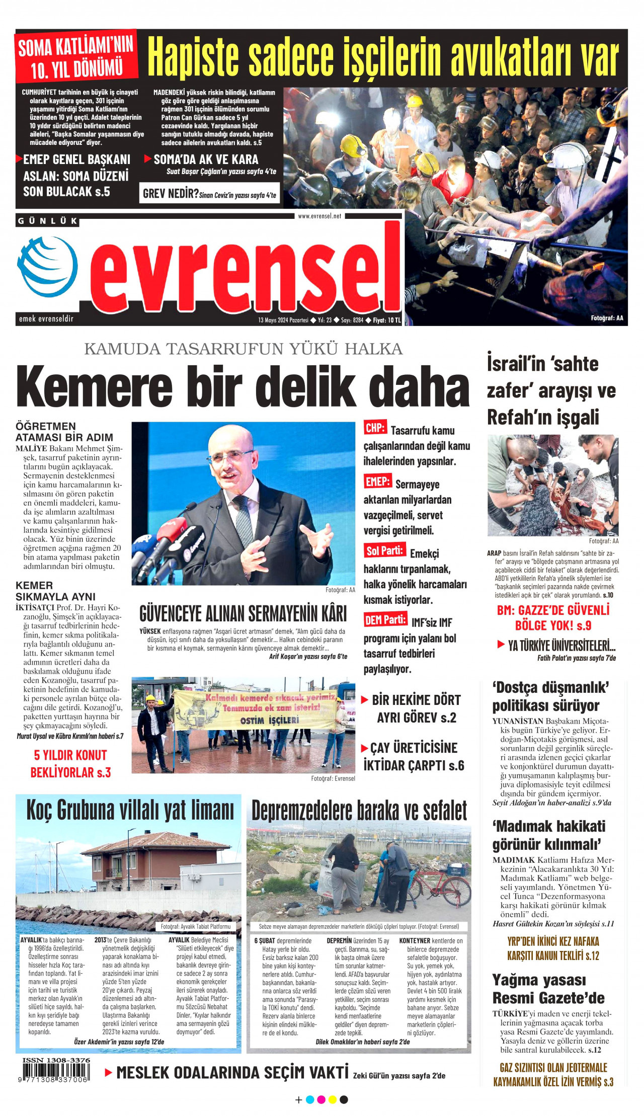 EVRENSEL gazetesinin 13 Mayıs 2024 tarihli birinci sayfası