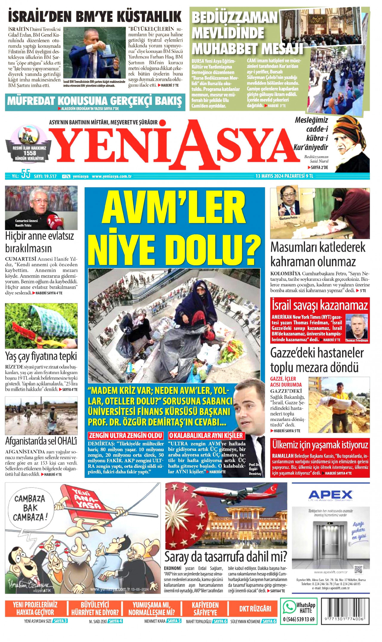 YENİ ASYA gazetesinin 13 Mayıs 2024 tarihli birinci sayfası