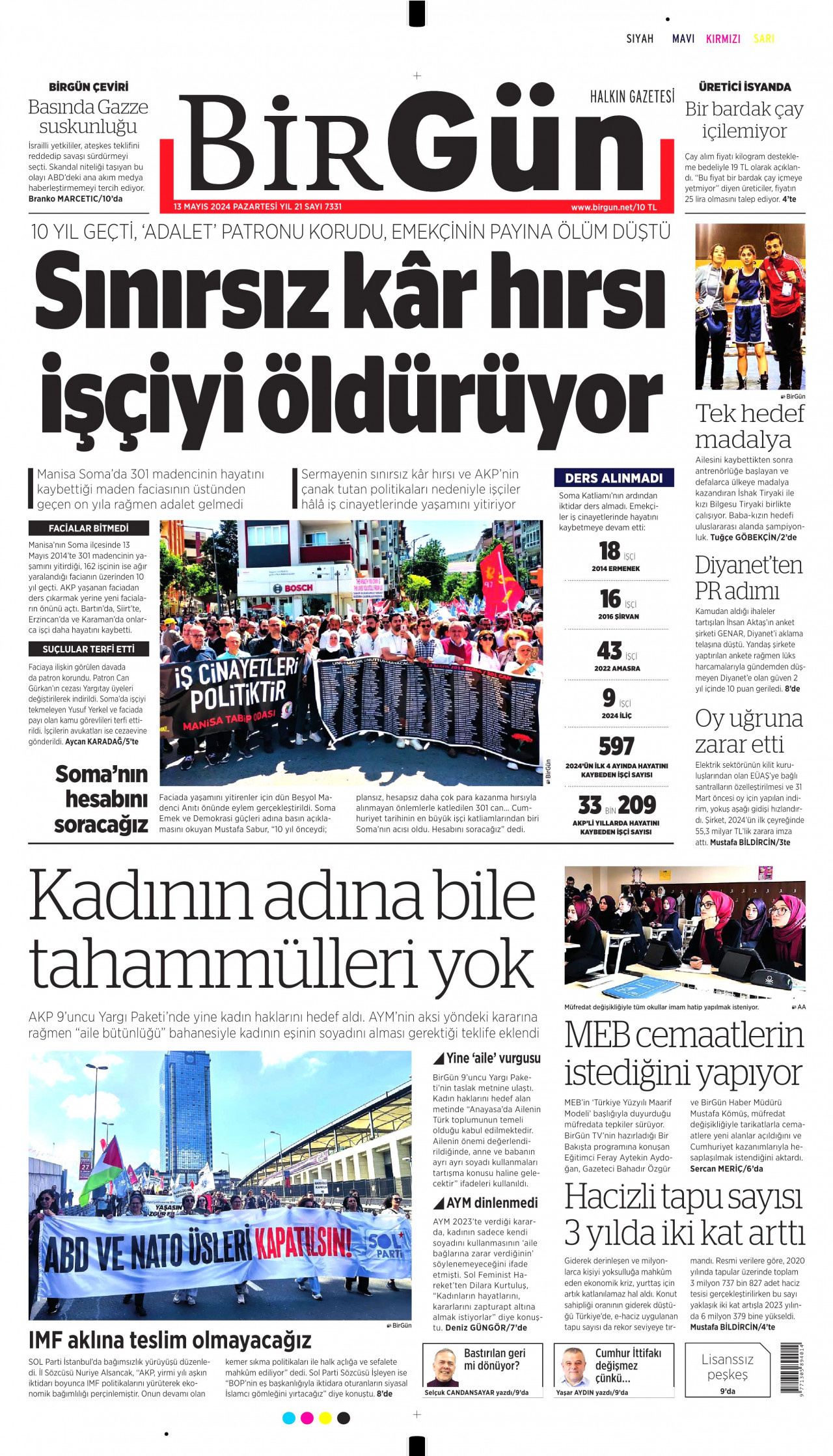 BİRGÜN gazetesinin 13 Mayıs 2024 tarihli birinci sayfası