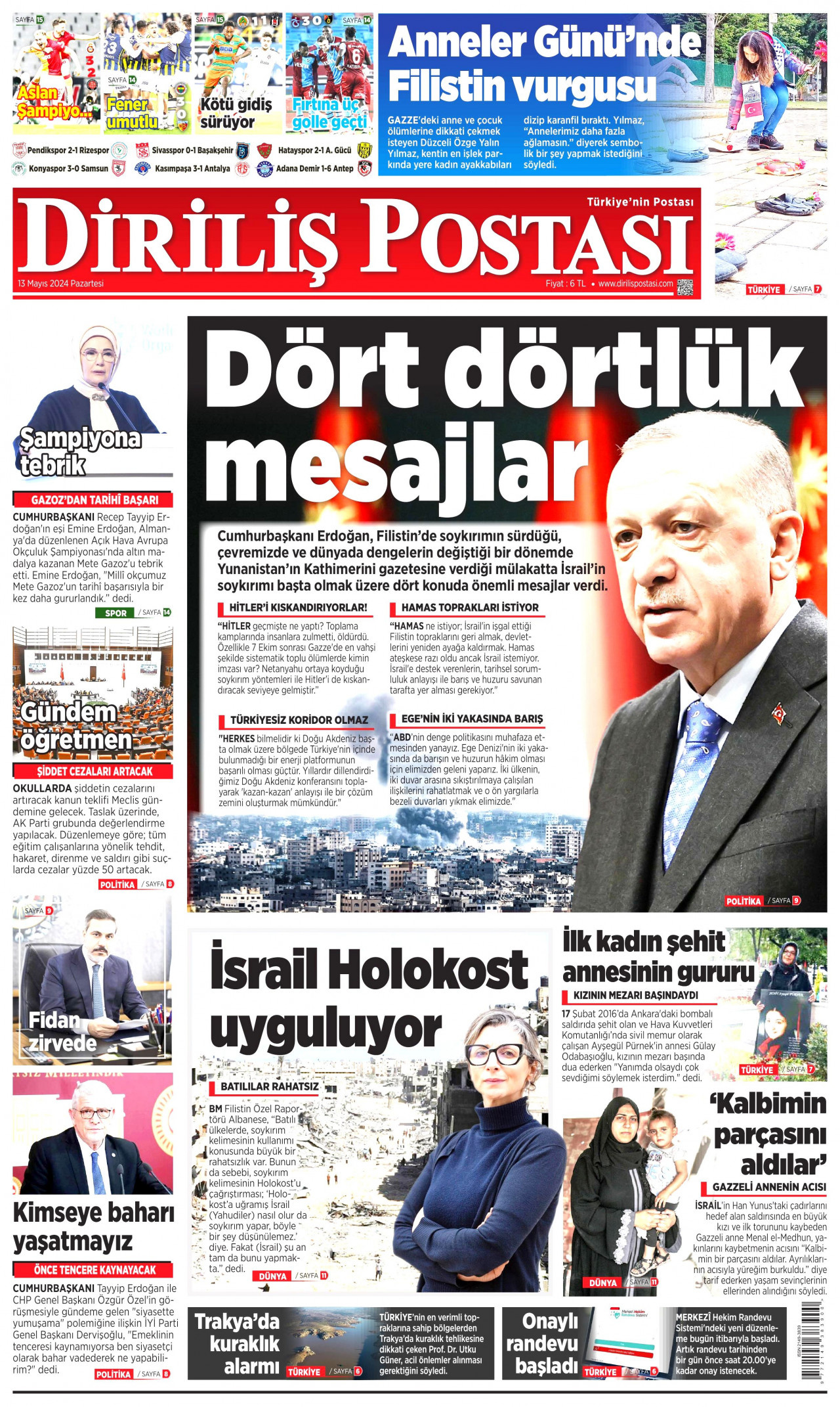 DİRİLİŞ POSTASI gazetesinin 13 Mayıs 2024 tarihli birinci sayfası