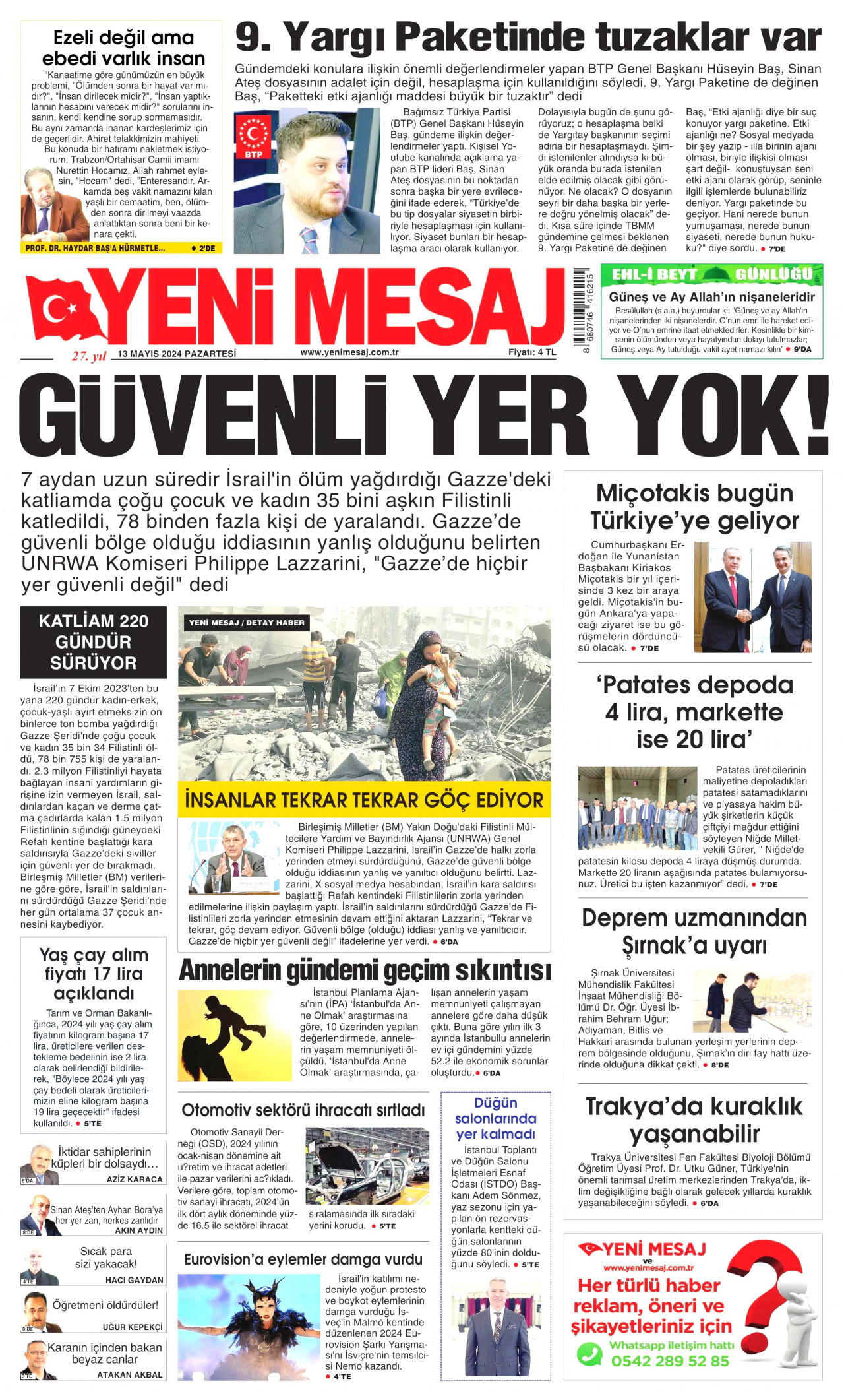 YENİ MESAJ gazetesinin 13 Mayıs 2024 tarihli birinci sayfası