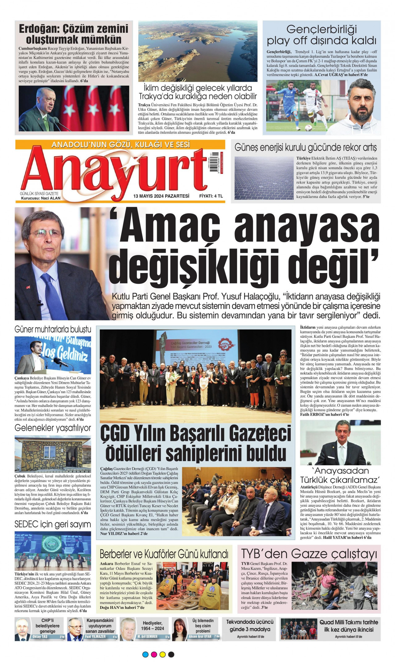 ANAYURT gazetesinin 13 Mayıs 2024 tarihli birinci sayfası