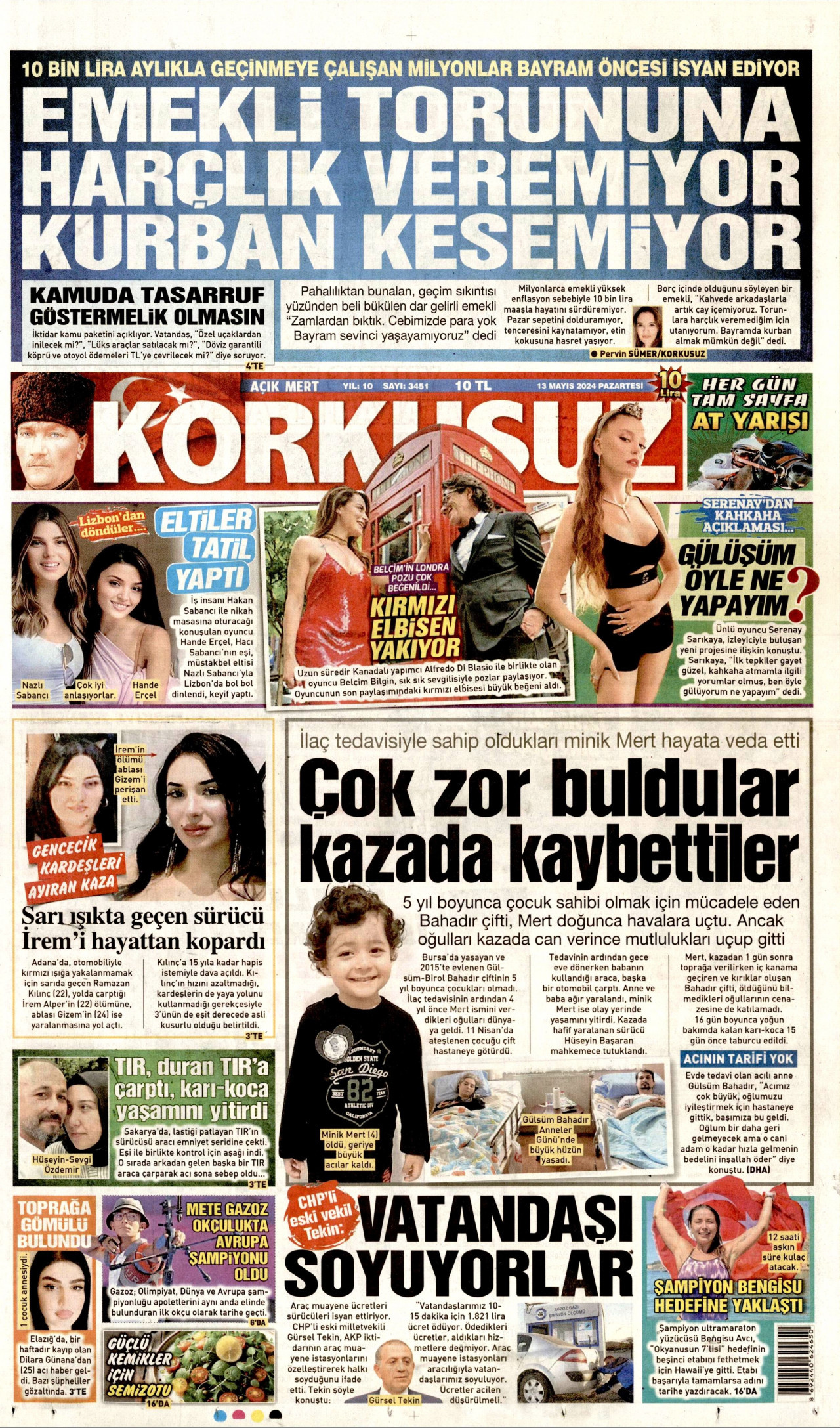 KORKUSUZ gazetesinin 13 Mayıs 2024 tarihli birinci sayfası