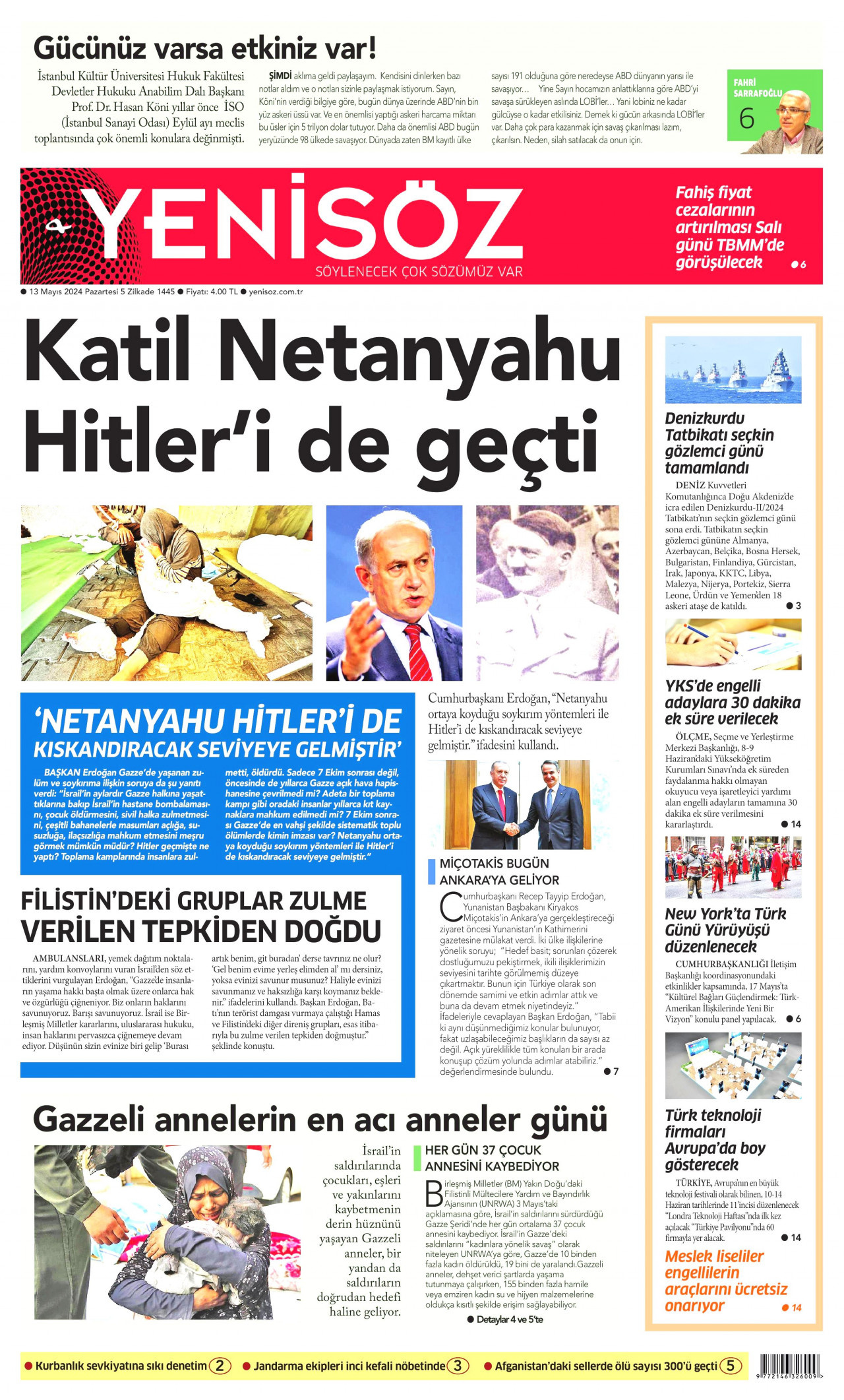 YENİ SÖZ GAZETESİ gazetesinin 13 Mayıs 2024 tarihli birinci sayfası