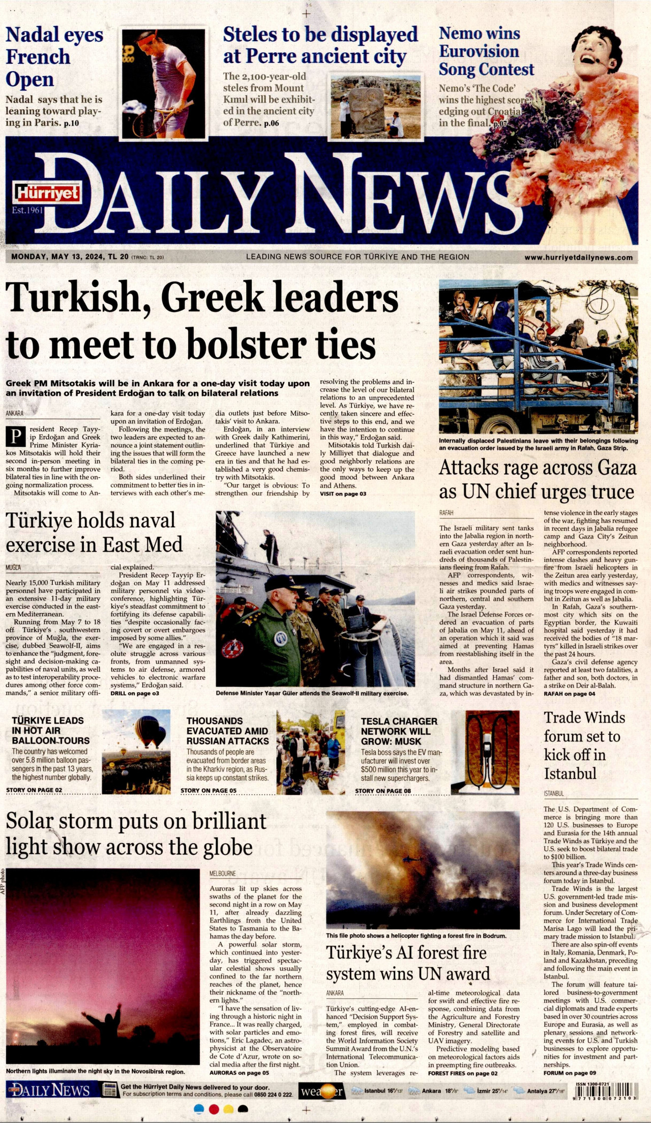 HÜRRİYET DAİLY NEWS gazetesinin 13 Mayıs 2024 tarihli birinci sayfası