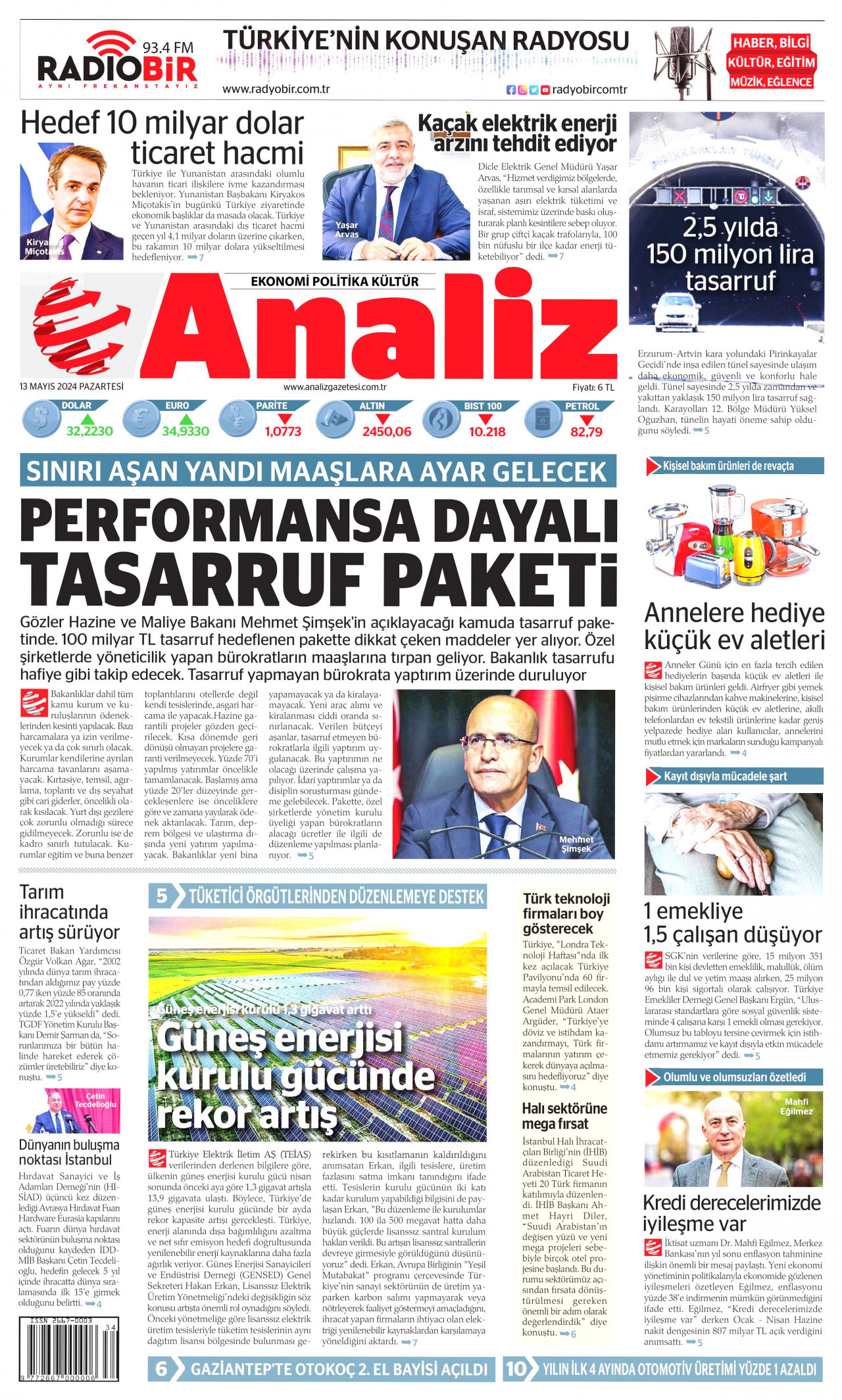 ANALİZ gazetesinin 13 Mayıs 2024 tarihli birinci sayfası