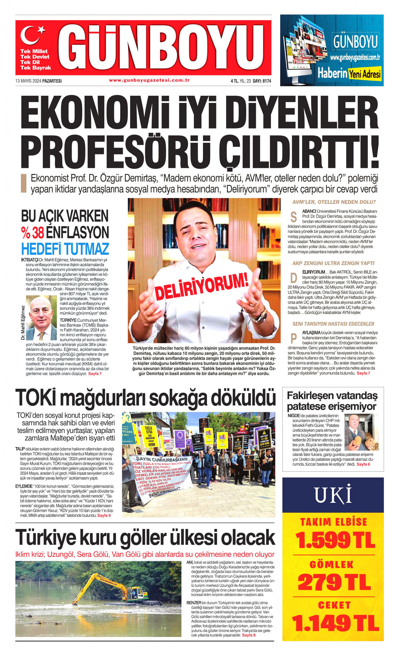 GÜNBOYU gazetesinin 13 Mayıs 2024 tarihli birinci sayfası