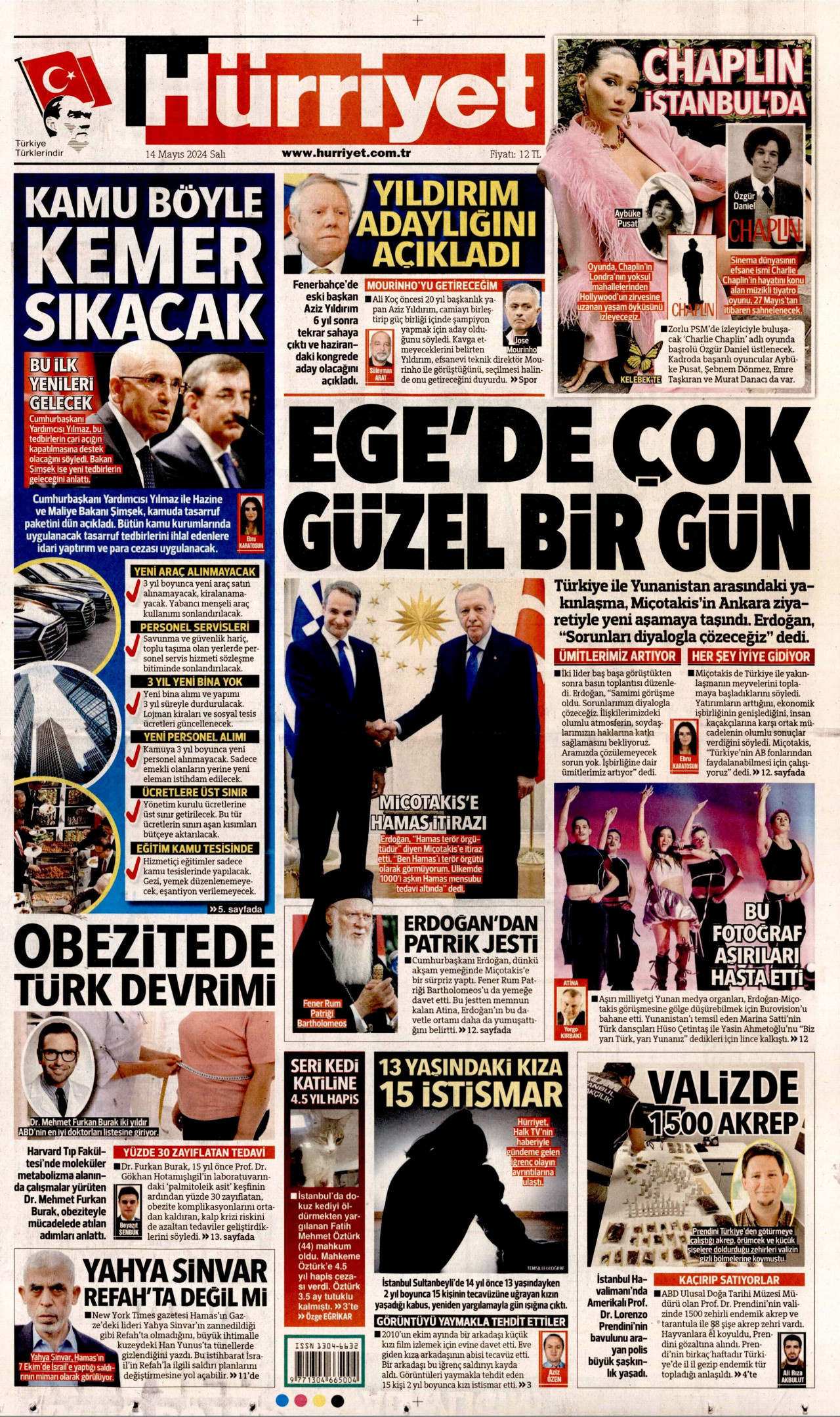 HÜRRİYET gazetesinin 14 Mayıs 2024 tarihli birinci sayfası