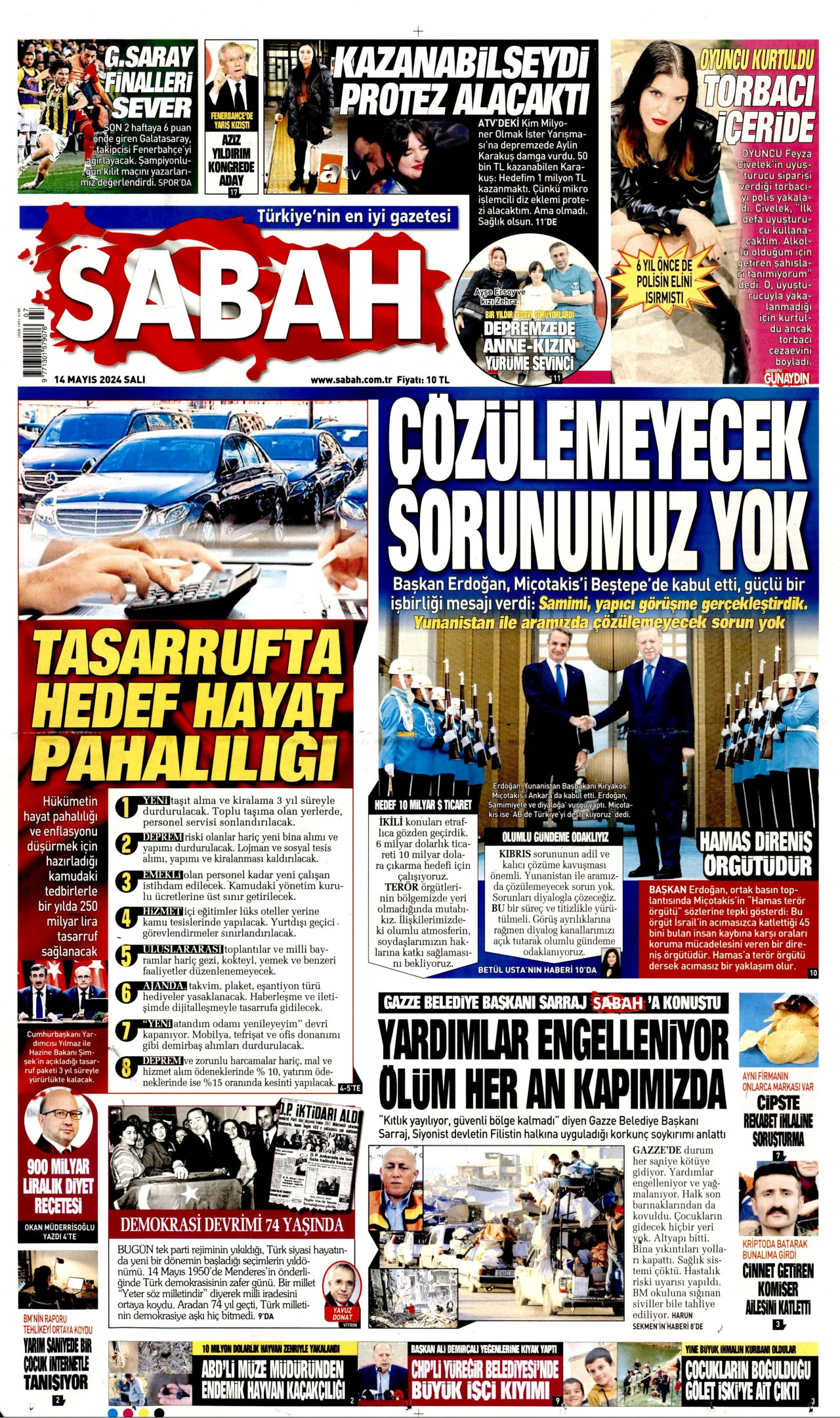 SABAH gazetesinin 14 Mayıs 2024 tarihli birinci sayfası