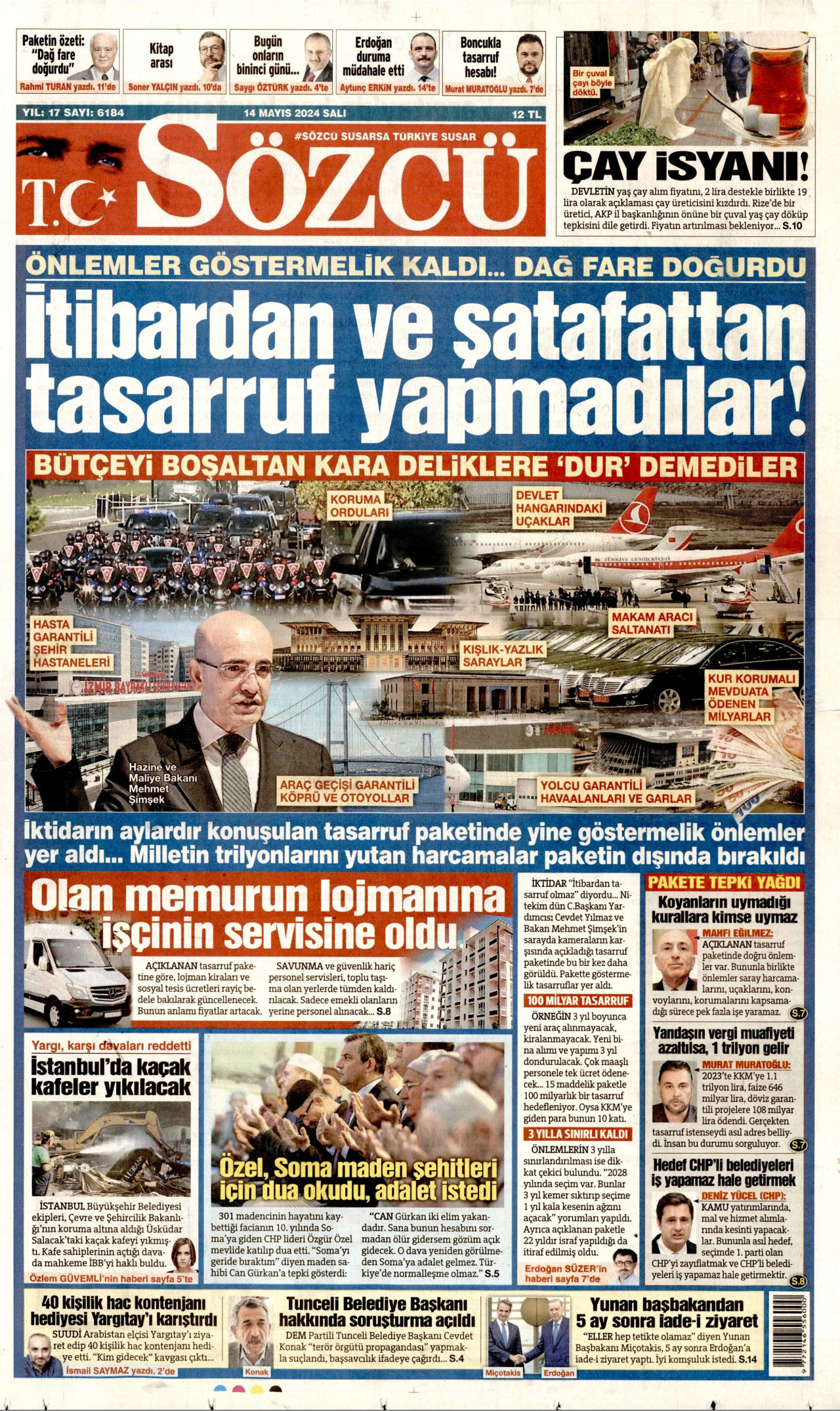 SÖZCÜ gazetesinin 14 Mayıs 2024 tarihli birinci sayfası