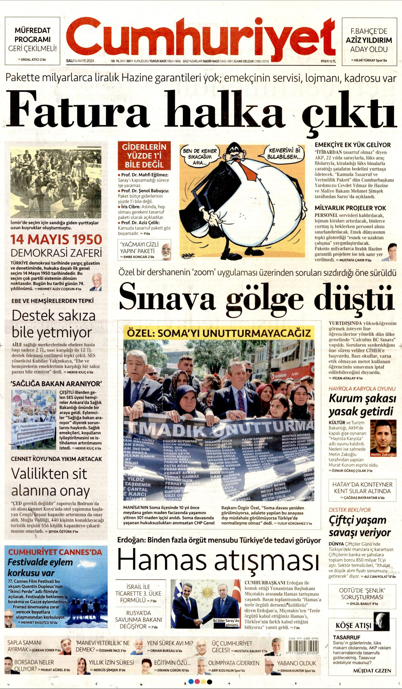 CUMHURİYET gazetesinin 14 Mayıs 2024 tarihli birinci sayfası
