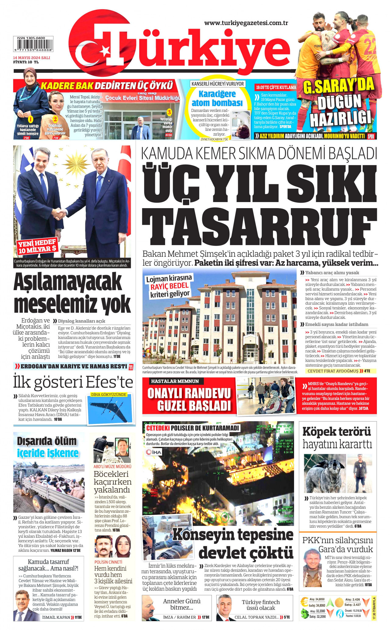TÜRKİYE GAZETESİ gazetesinin 14 Mayıs 2024 tarihli birinci sayfası