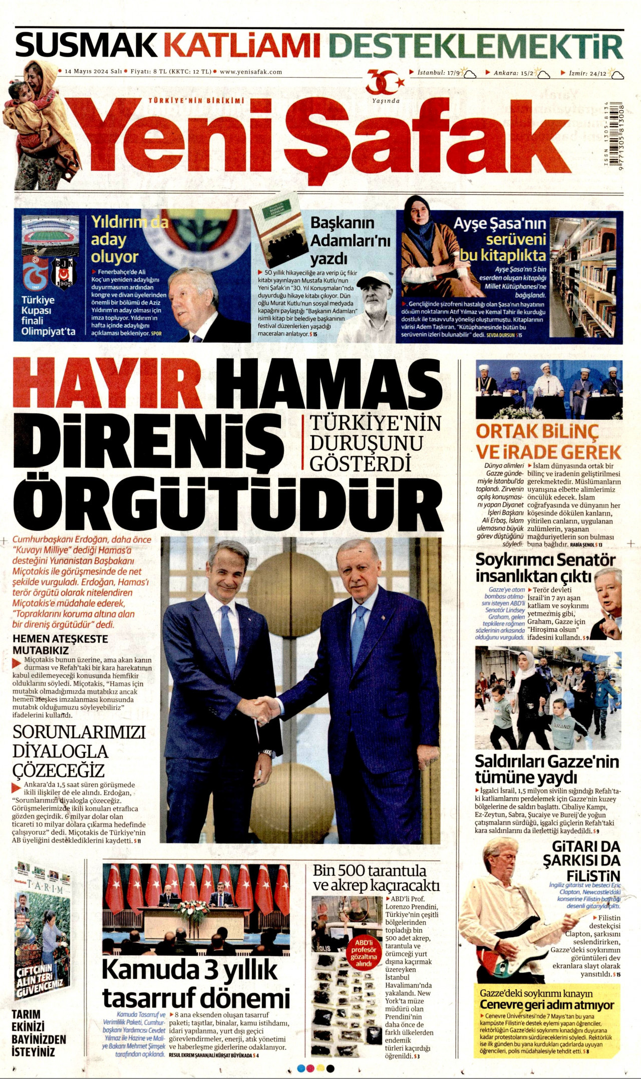 YENİ ŞAFAK gazetesinin 14 Mayıs 2024 tarihli birinci sayfası