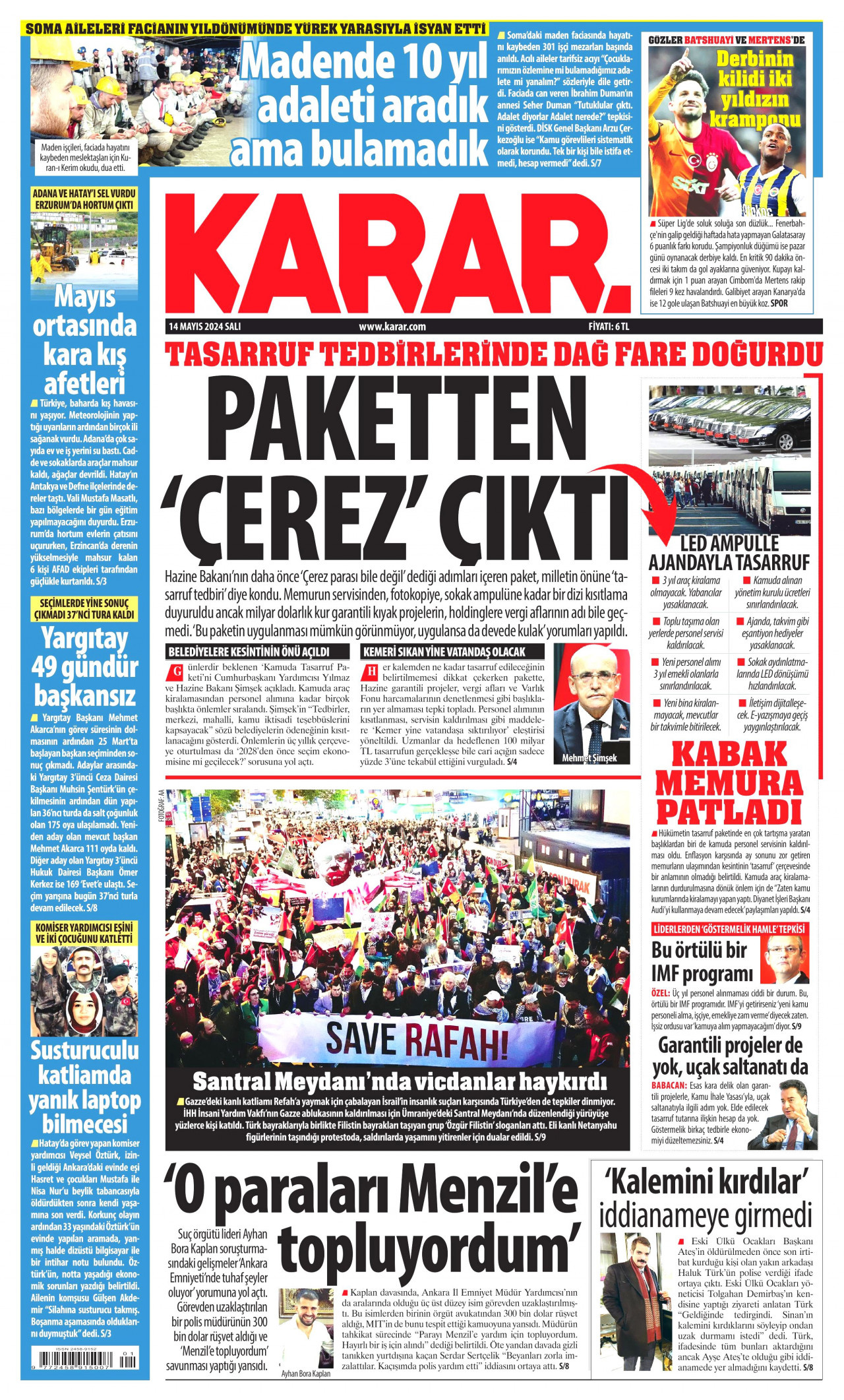 KARAR gazetesinin 14 Mayıs 2024 tarihli birinci sayfası
