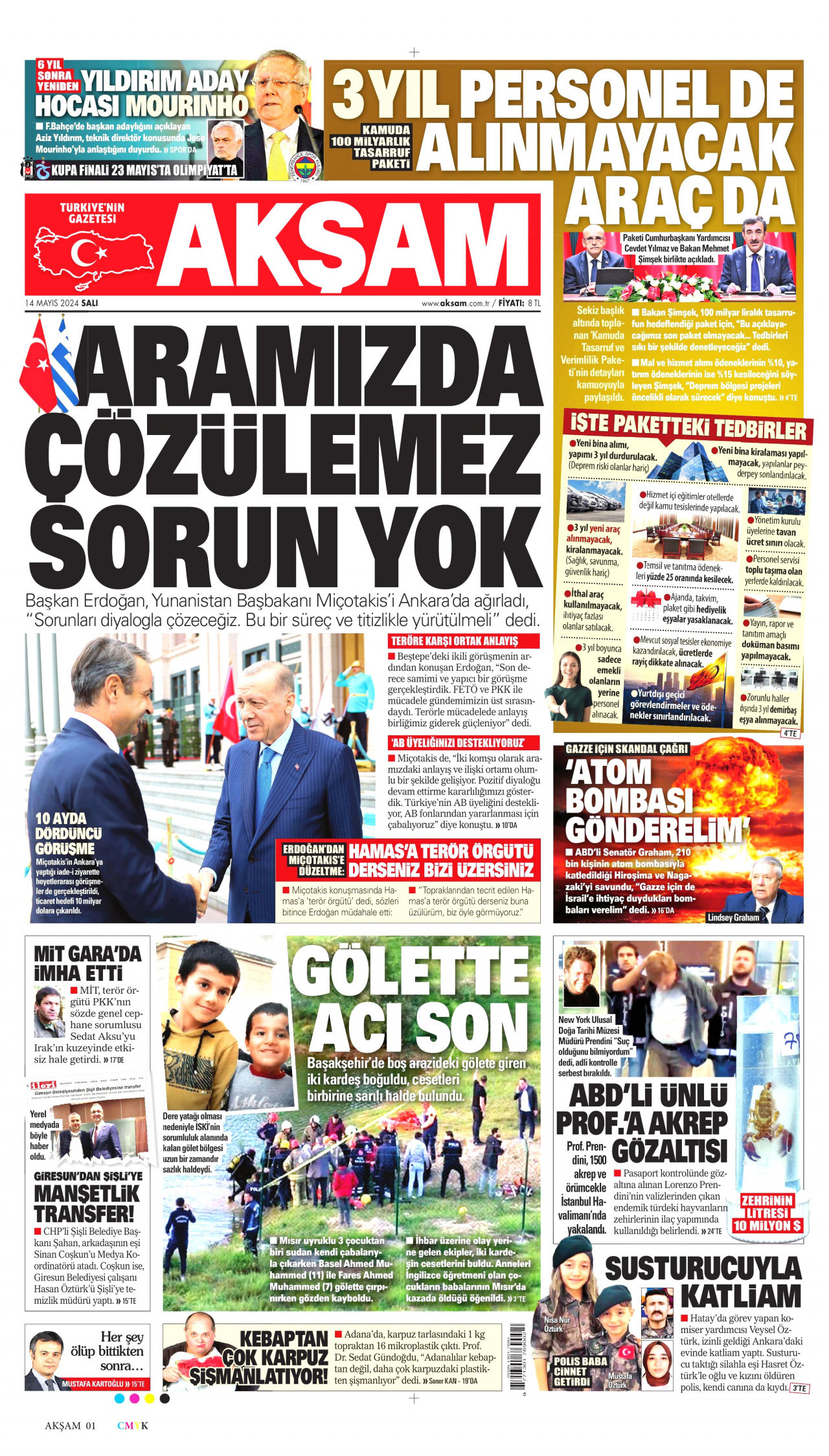 AKŞAM gazetesinin 14 Mayıs 2024 tarihli birinci sayfası