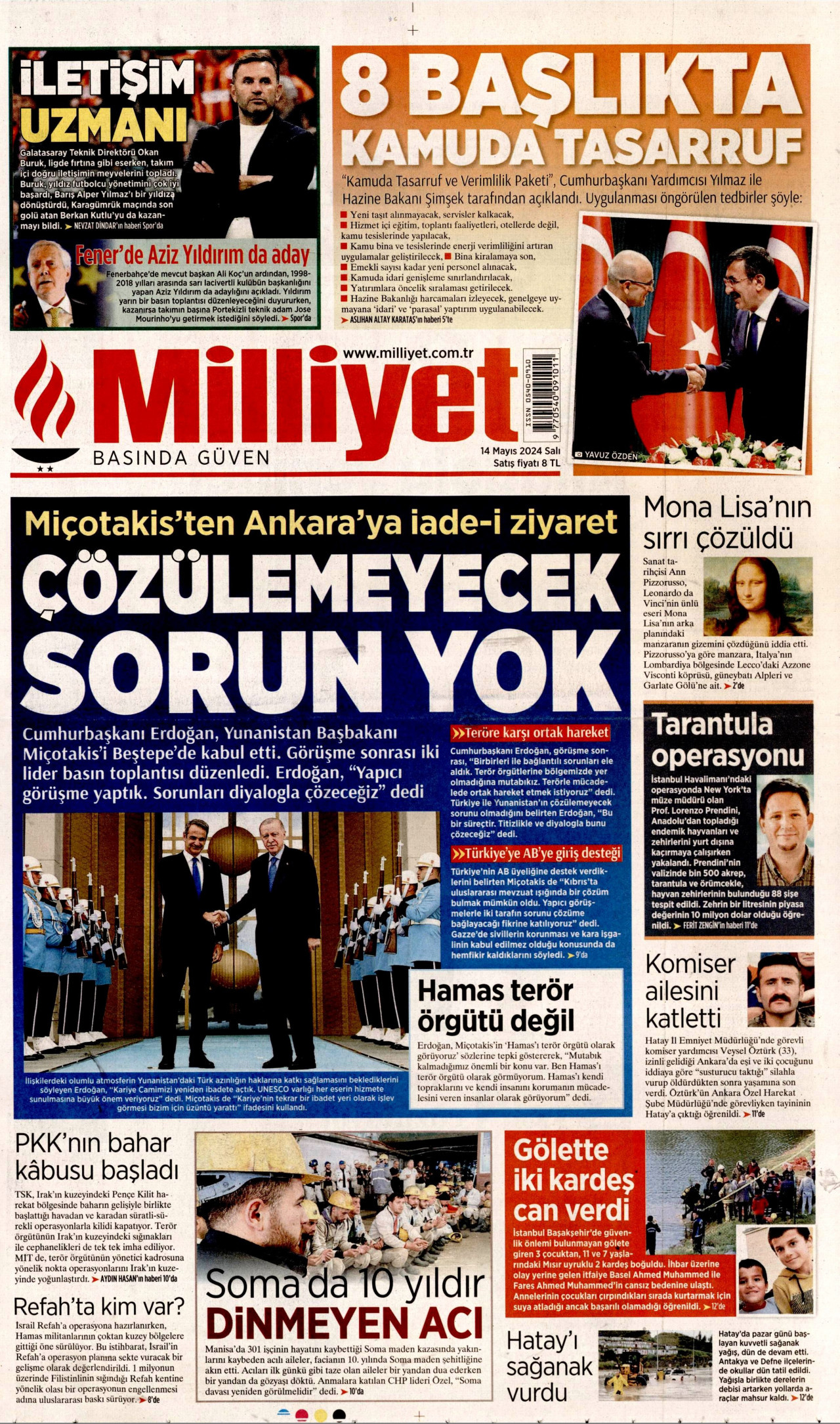 MİLLİYET gazetesinin 14 Mayıs 2024 tarihli birinci sayfası