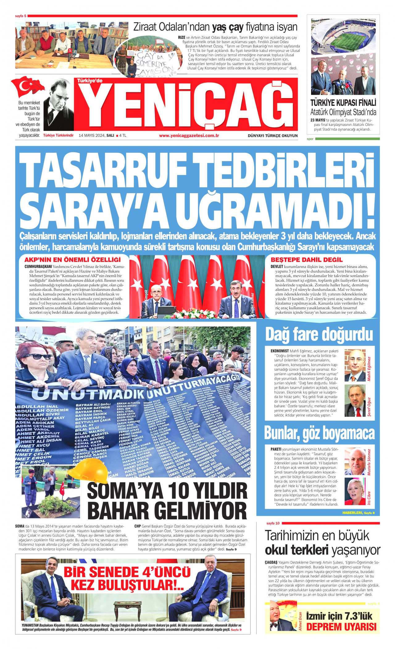 YENİÇAĞ gazetesinin 14 Mayıs 2024 tarihli birinci sayfası