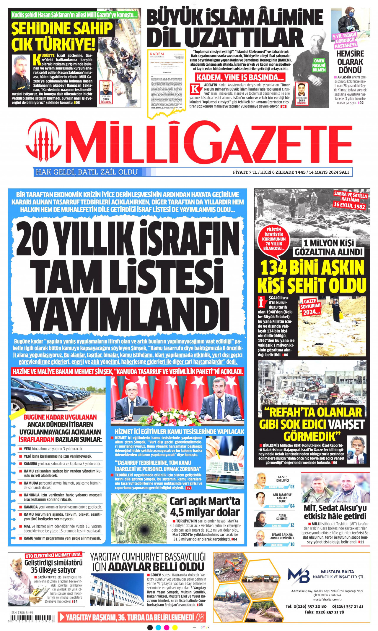 MİLLİ GAZETE gazetesinin 14 Mayıs 2024 tarihli birinci sayfası