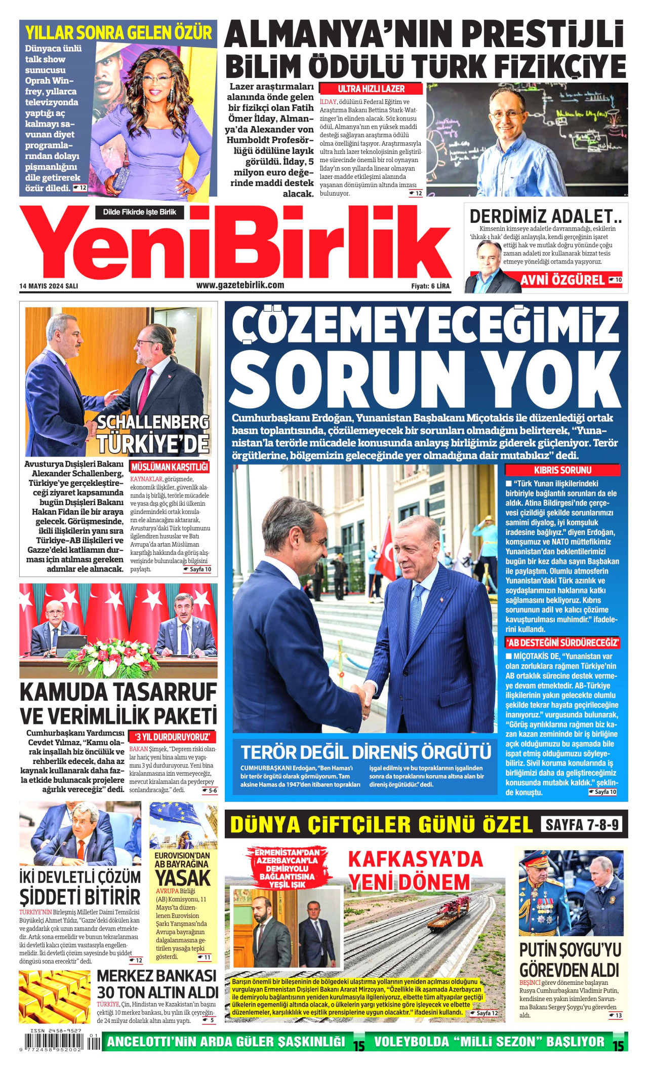 YENİBİRLİK gazetesinin 14 Mayıs 2024 tarihli birinci sayfası