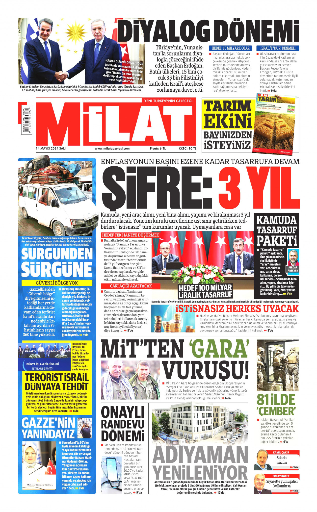 MİLAT gazetesinin 14 Mayıs 2024 tarihli birinci sayfası