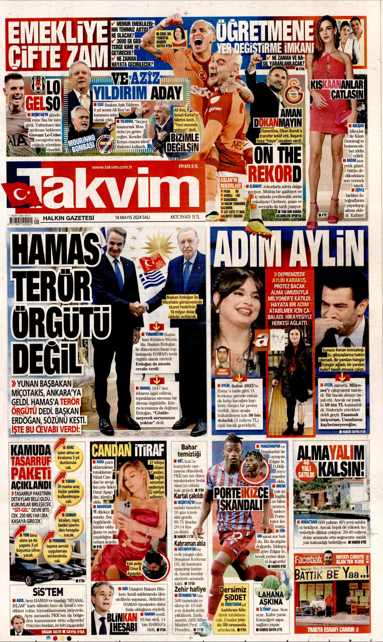 TAKVİM gazetesinin 14 Mayıs 2024 tarihli birinci sayfası