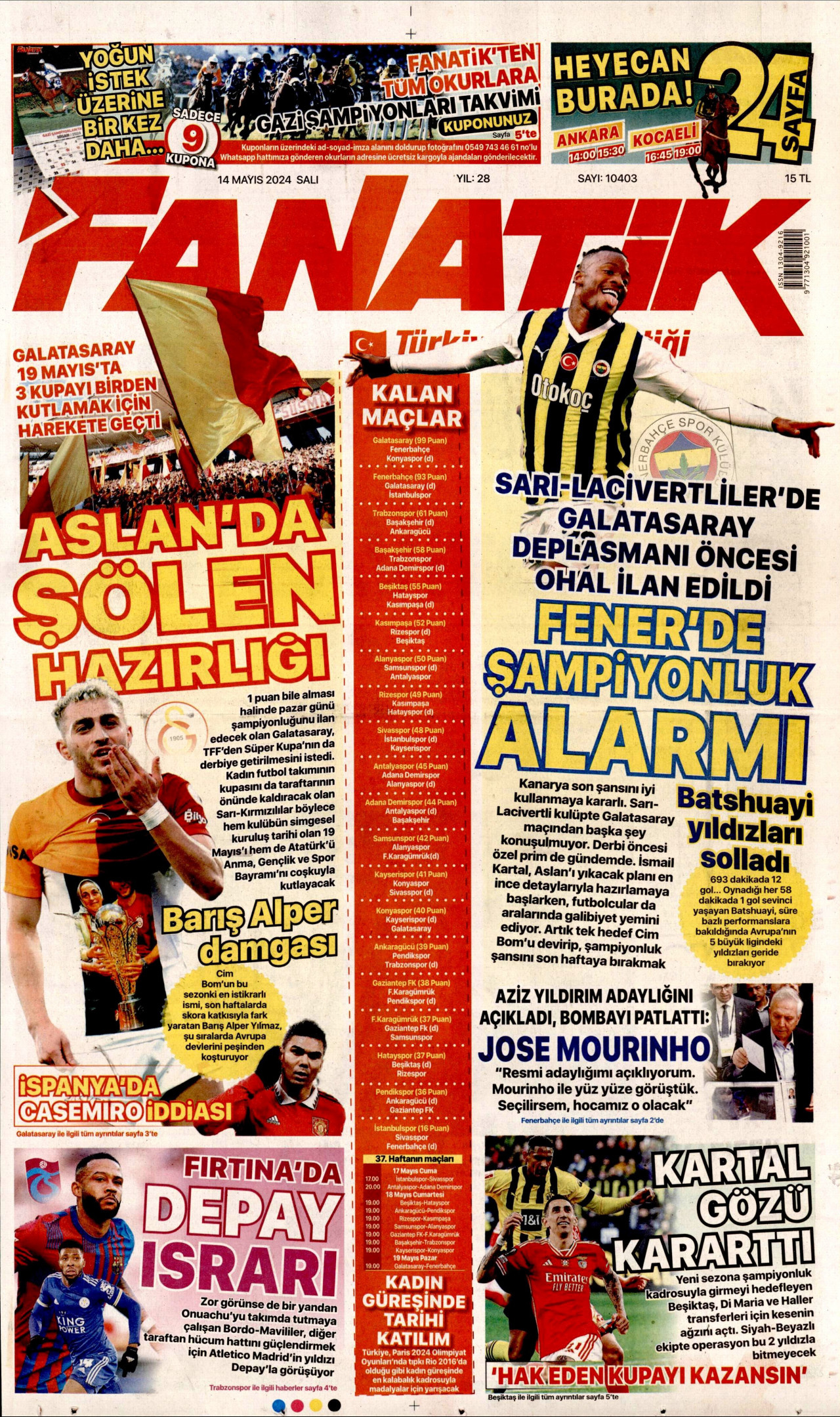 FANATİK gazetesinin 14 Mayıs 2024 tarihli birinci sayfası