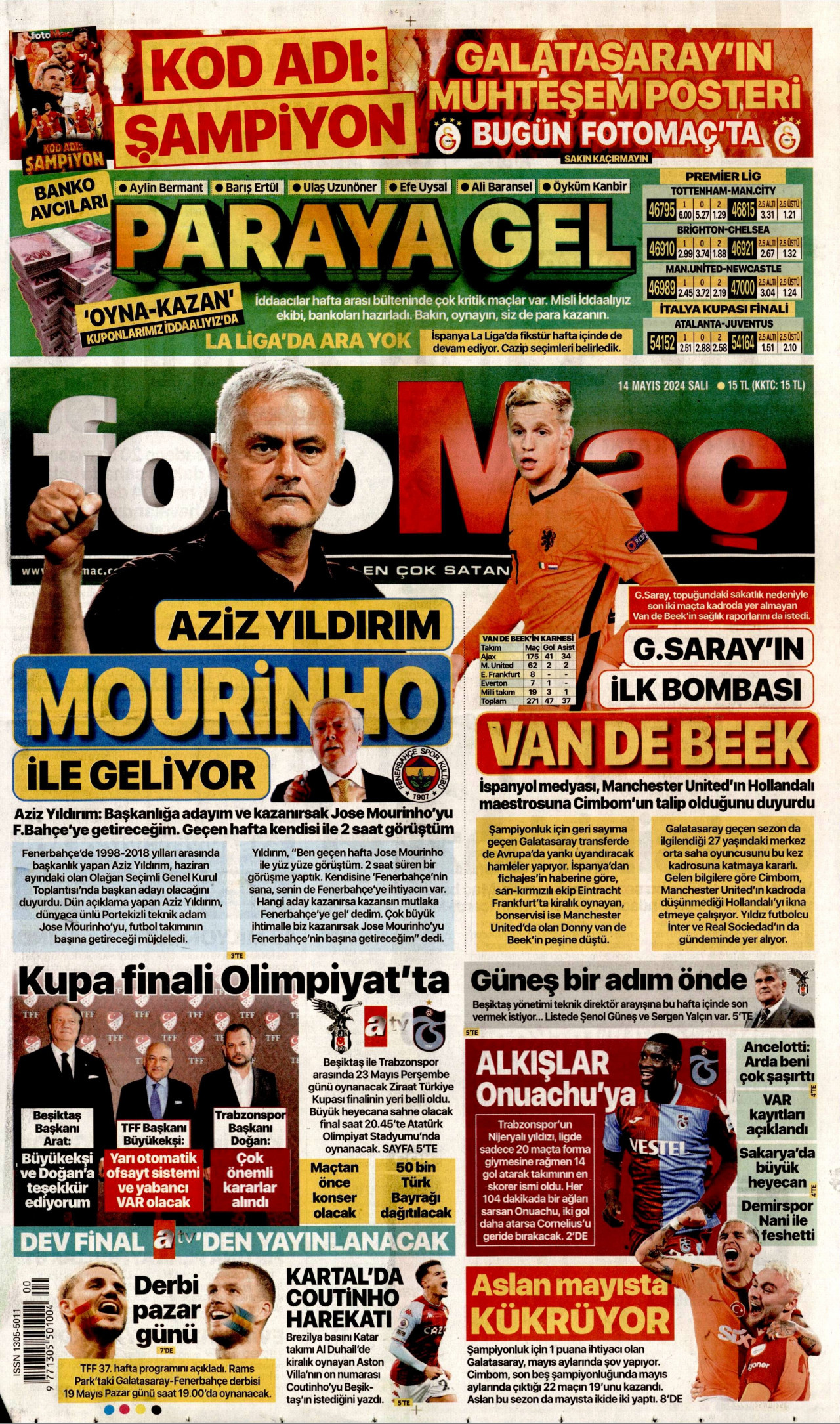 FOTOMAÇ gazetesinin 14 Mayıs 2024 tarihli birinci sayfası