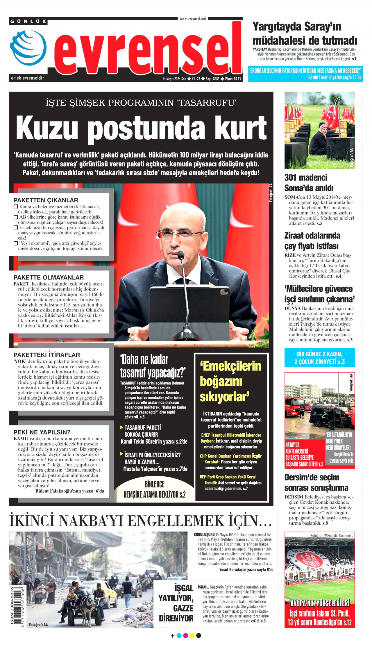 EVRENSEL gazetesinin 14 Mayıs 2024 tarihli birinci sayfası