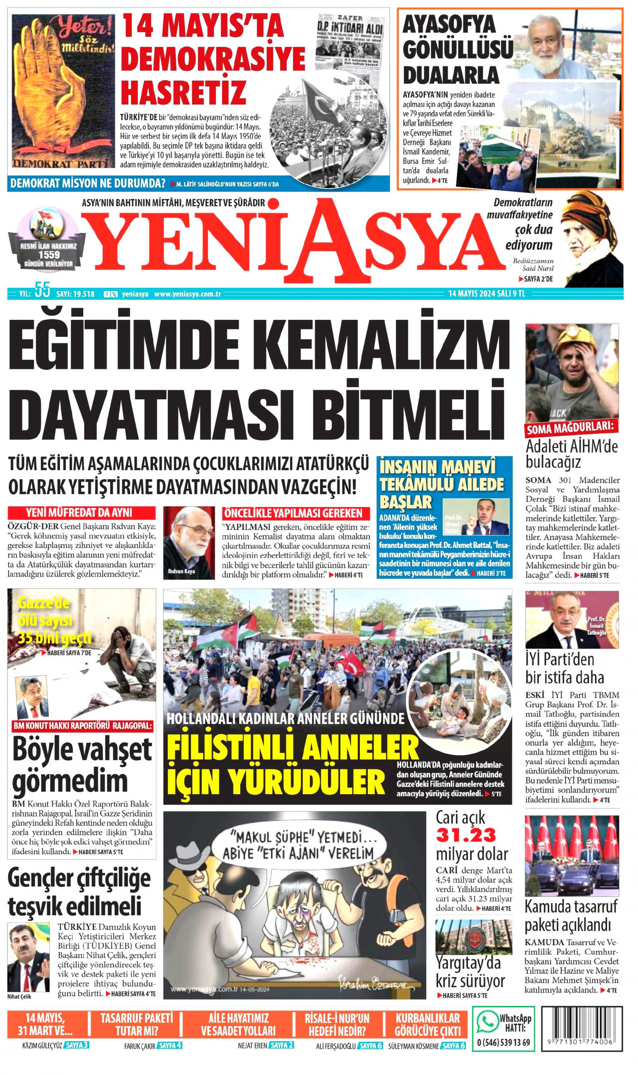 YENİ ASYA gazetesinin 14 Mayıs 2024 tarihli birinci sayfası