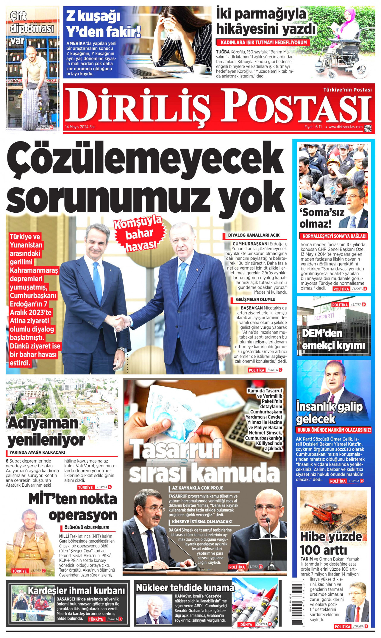 DİRİLİŞ POSTASI gazetesinin 14 Mayıs 2024 tarihli birinci sayfası