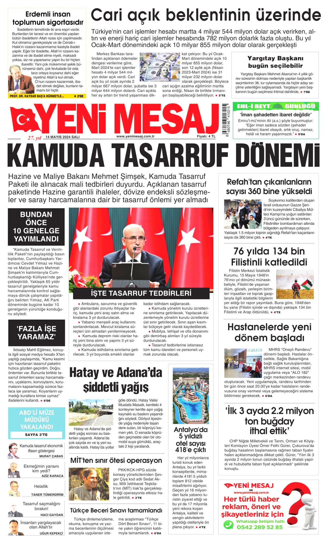 YENİ MESAJ gazetesinin 14 Mayıs 2024 tarihli birinci sayfası