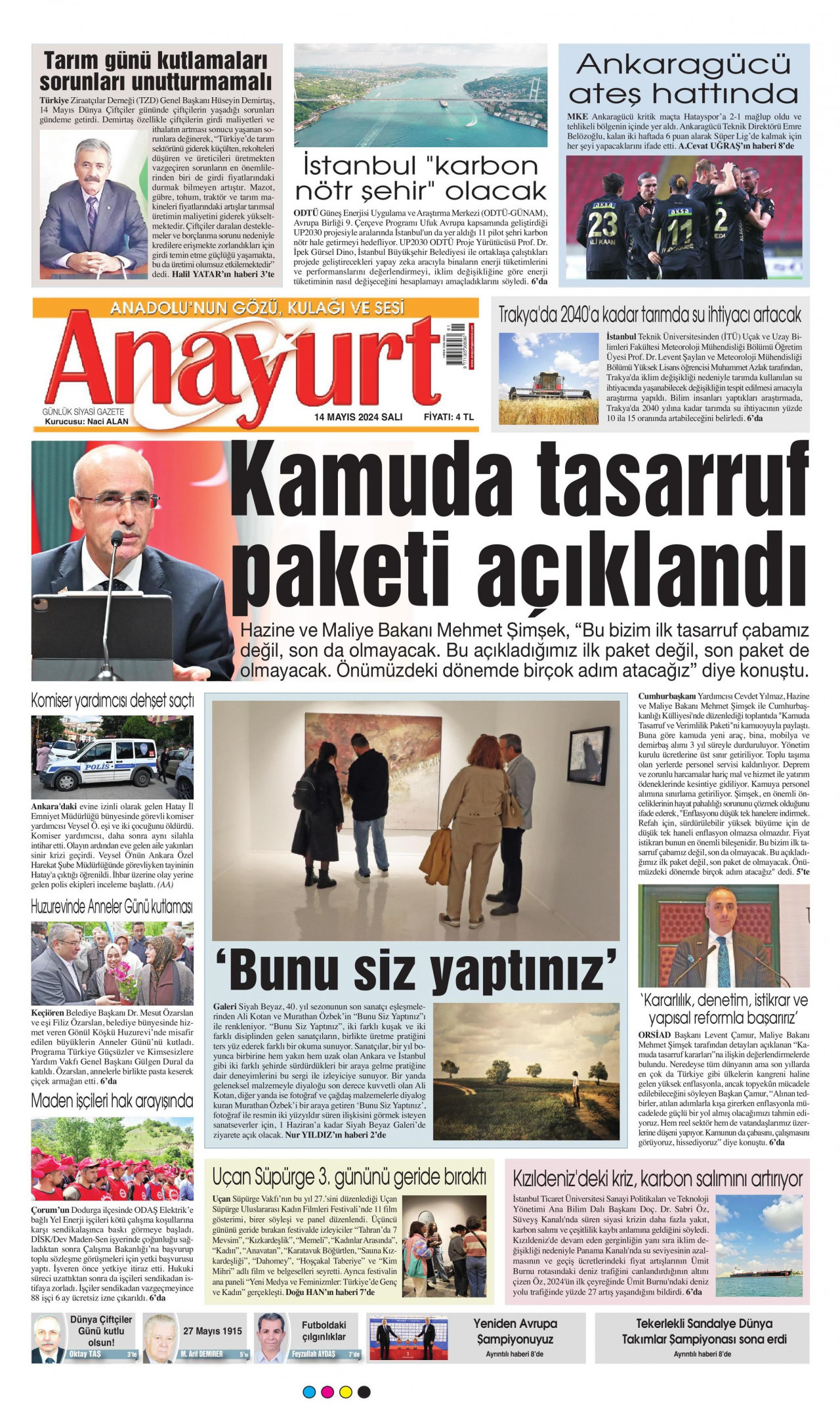 ANAYURT gazetesinin 14 Mayıs 2024 tarihli birinci sayfası