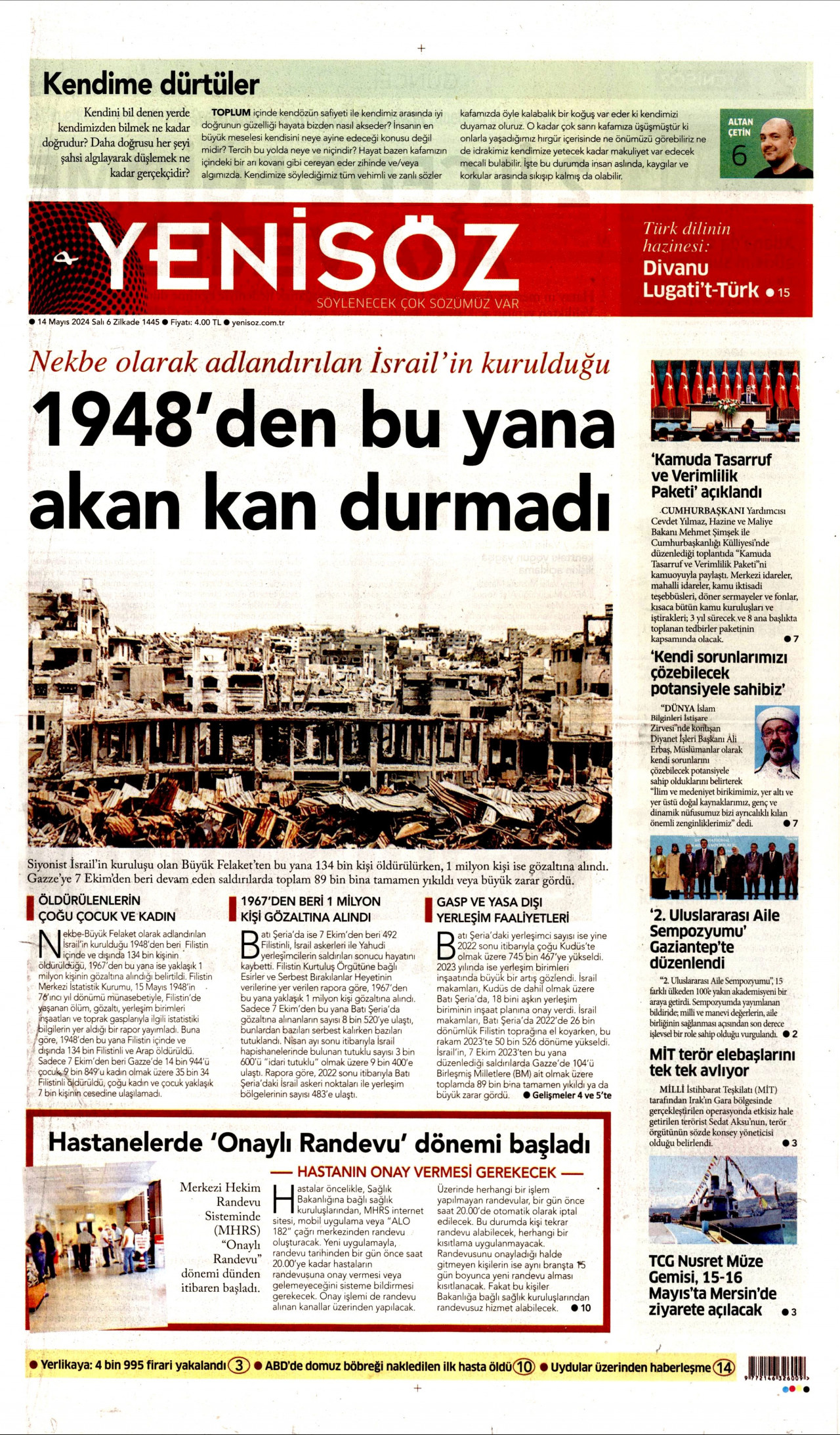 YENİ SÖZ GAZETESİ gazetesinin 14 Mayıs 2024 tarihli birinci sayfası
