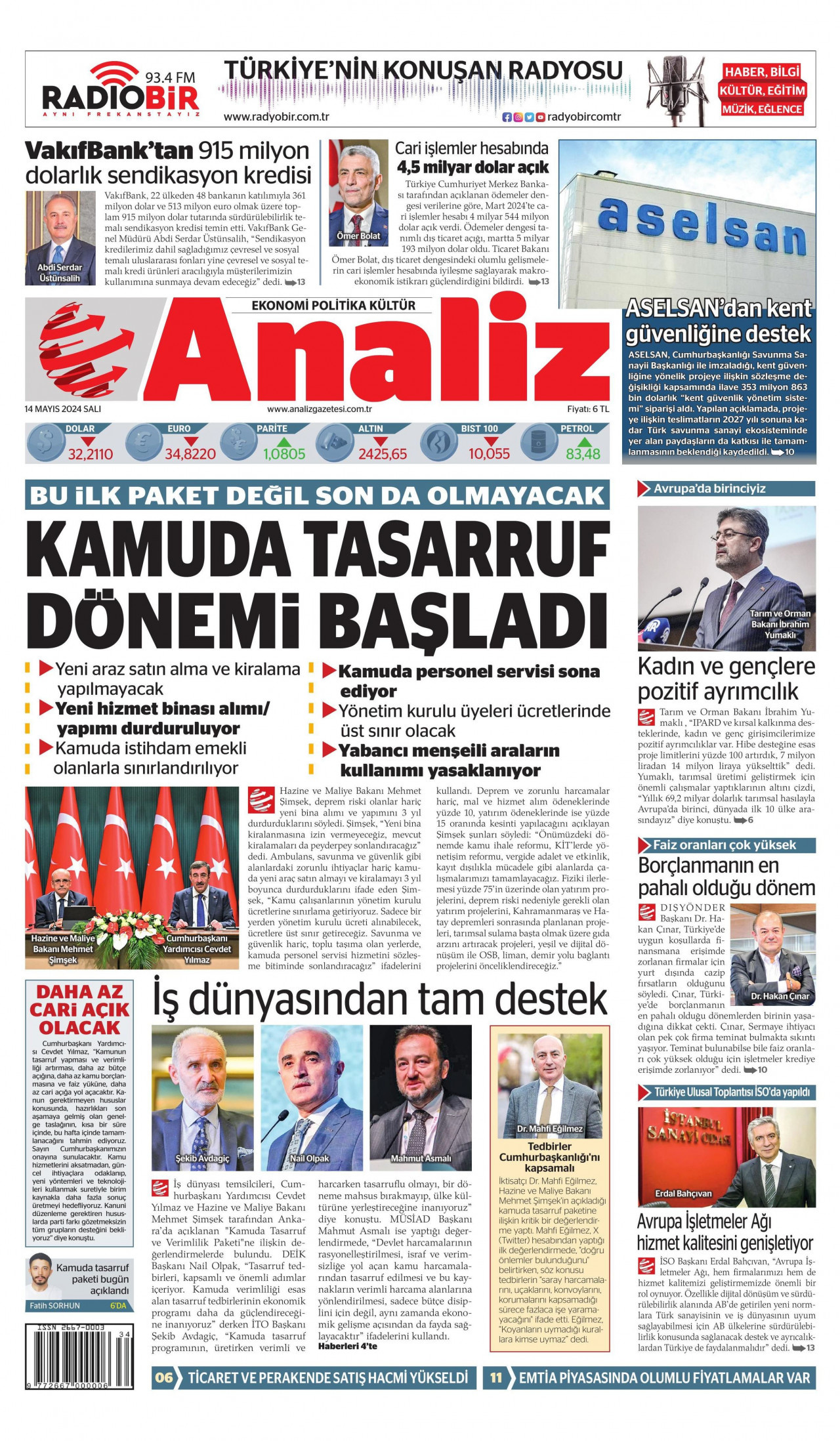 ANALİZ gazetesinin 14 Mayıs 2024 tarihli birinci sayfası