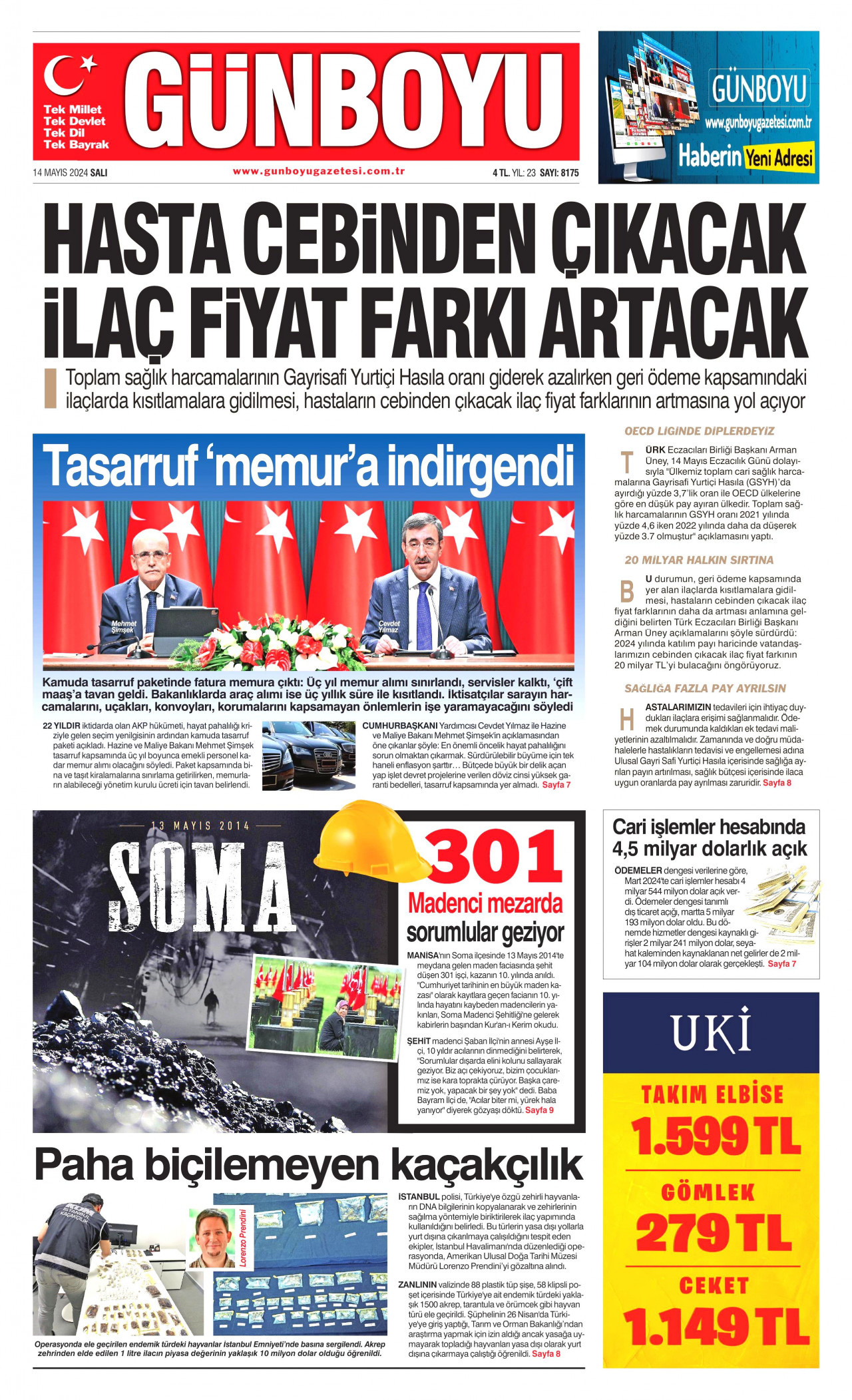 GÜNBOYU gazetesinin 14 Mayıs 2024 tarihli birinci sayfası