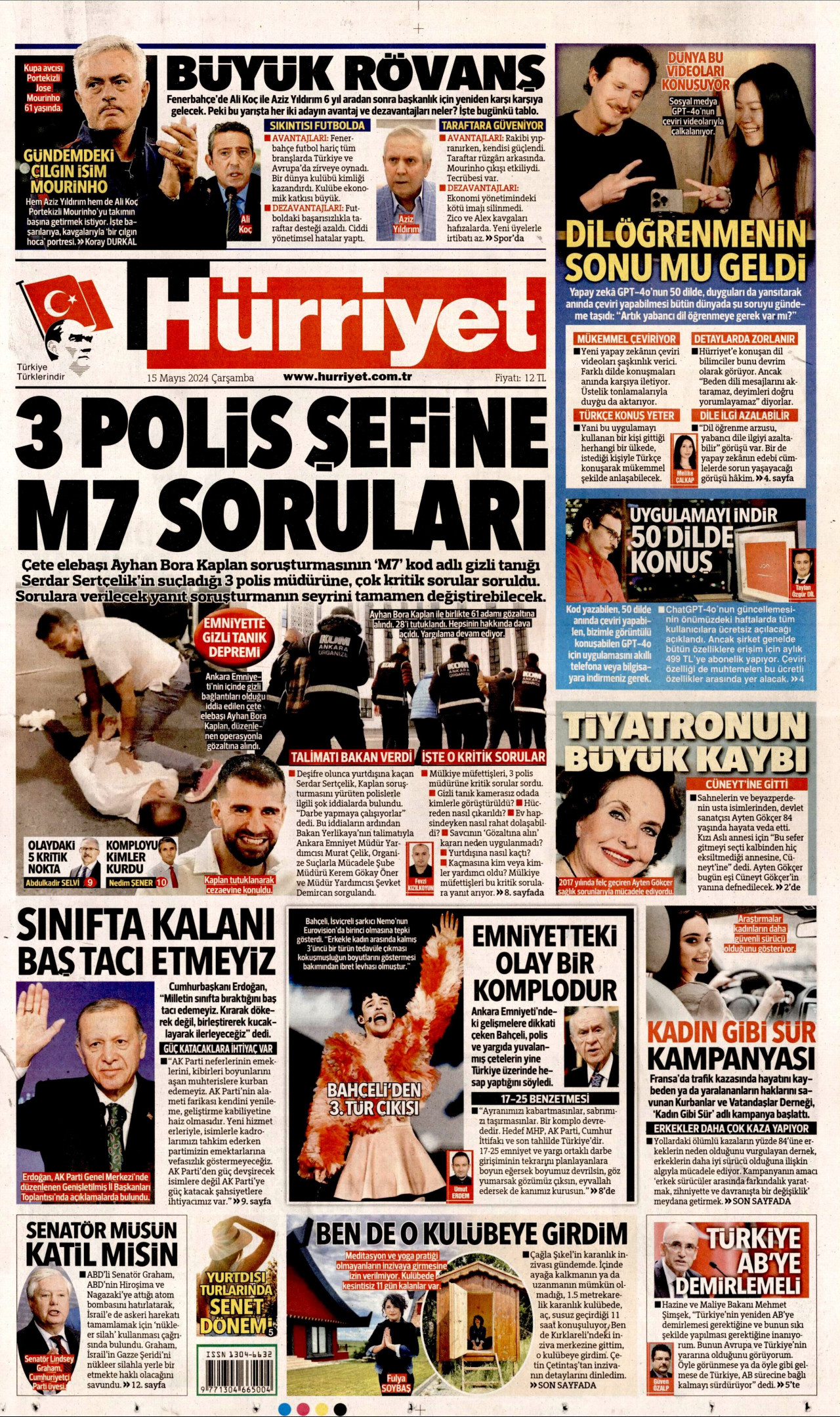 HÜRRİYET gazetesinin 15 Mayıs 2024 tarihli birinci sayfası
