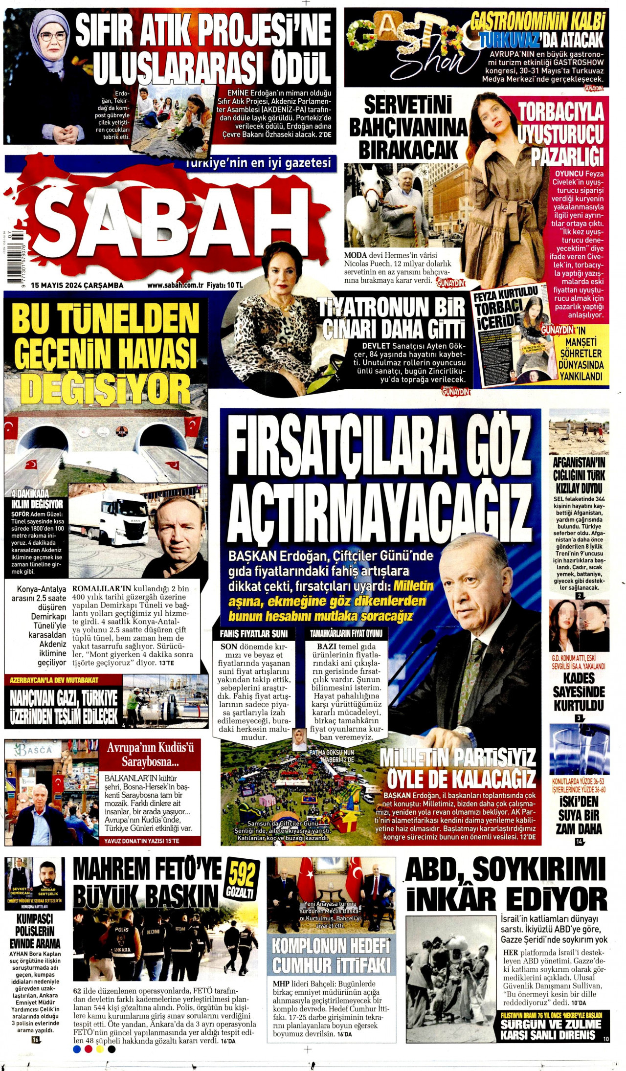 SABAH gazetesinin 15 Mayıs 2024 tarihli birinci sayfası