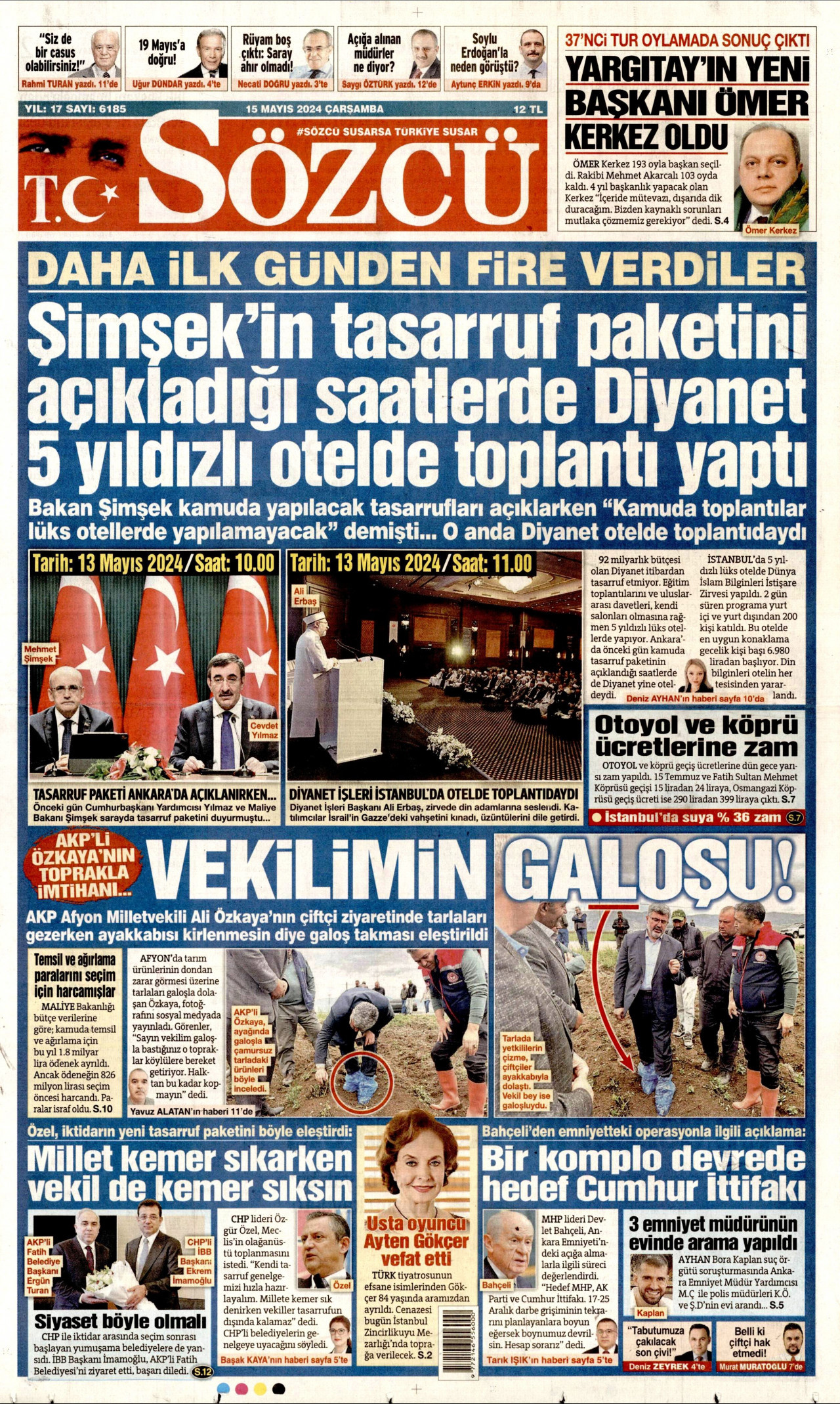 SÖZCÜ gazetesinin 15 Mayıs 2024 tarihli birinci sayfası