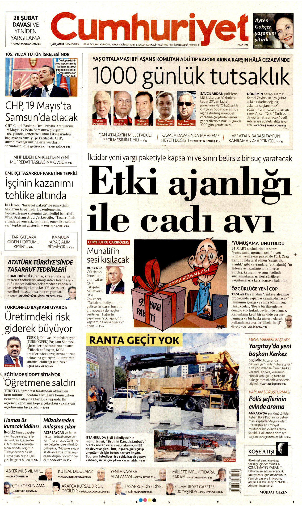 CUMHURİYET gazetesinin 15 Mayıs 2024 tarihli birinci sayfası