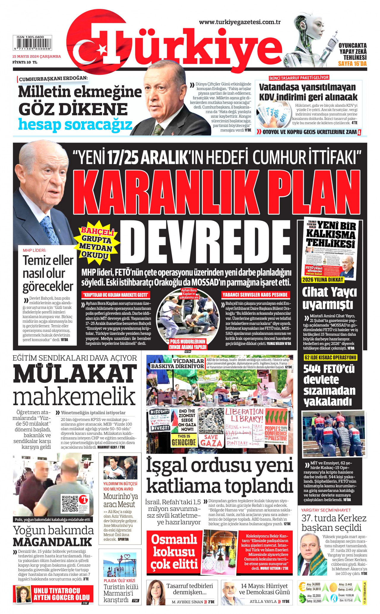 TÜRKİYE GAZETESİ gazetesinin 15 Mayıs 2024 tarihli birinci sayfası
