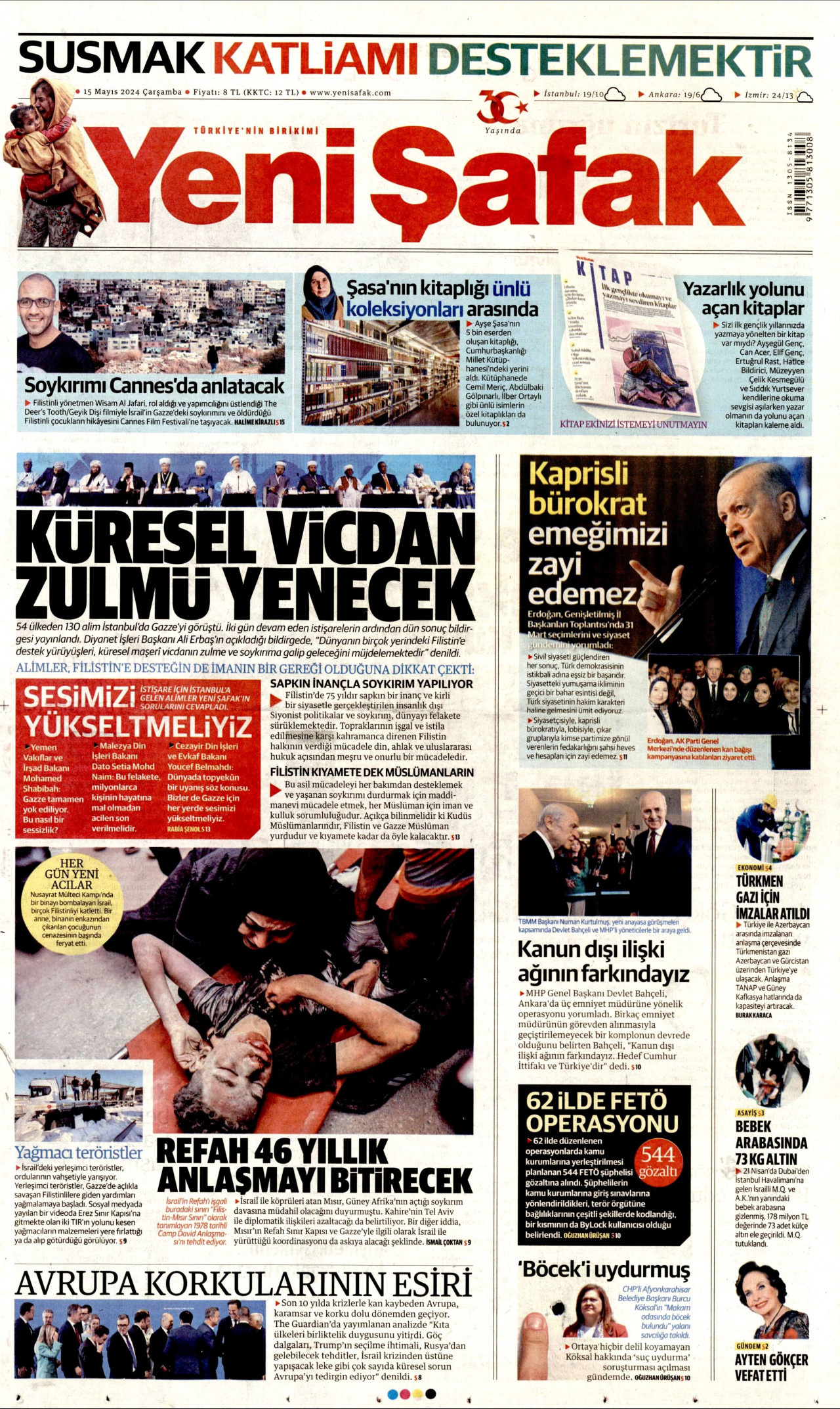 YENİ ŞAFAK gazetesinin 15 Mayıs 2024 tarihli birinci sayfası