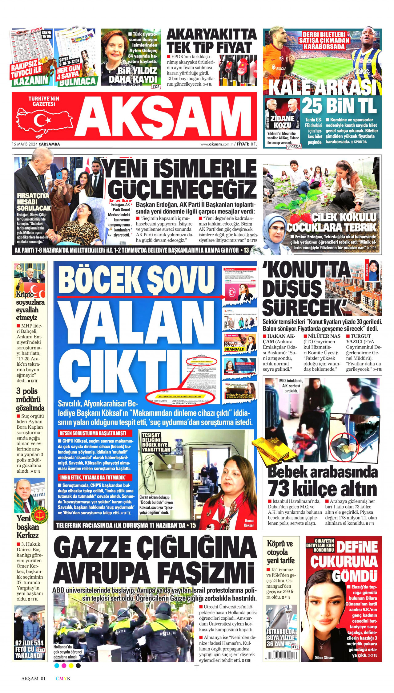 AKŞAM gazetesinin 15 Mayıs 2024 tarihli birinci sayfası