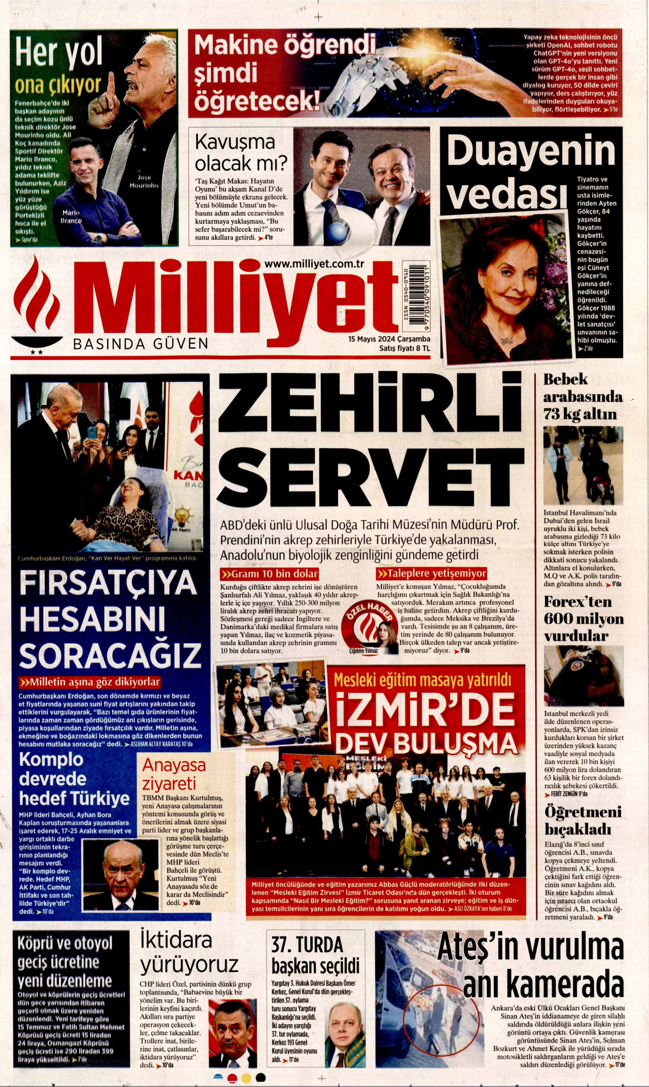 MİLLİYET gazetesinin 15 Mayıs 2024 tarihli birinci sayfası